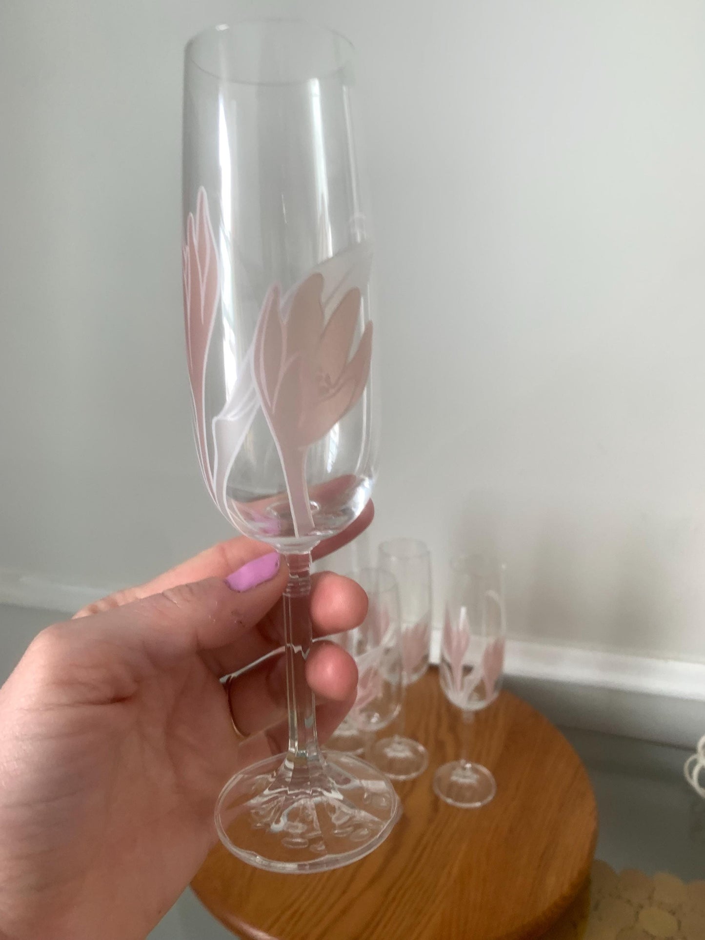 Set of 6 Vintage Czechoslovakian Bohemian Hand Painted Pink Tulip Crystal Champagne Glasses