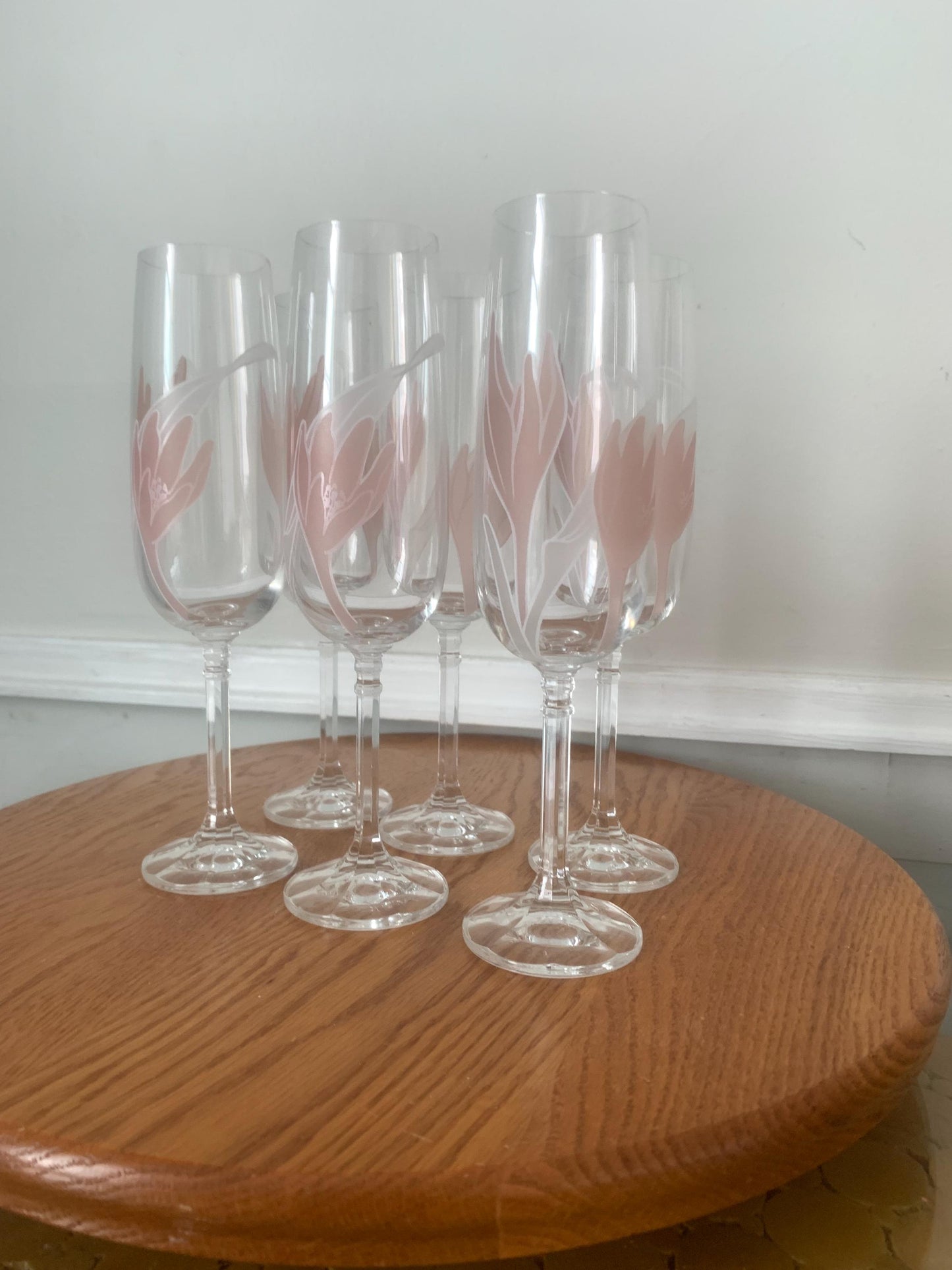 Set of 6 Vintage Czechoslovakian Bohemian Hand Painted Pink Tulip Crystal Champagne Glasses
