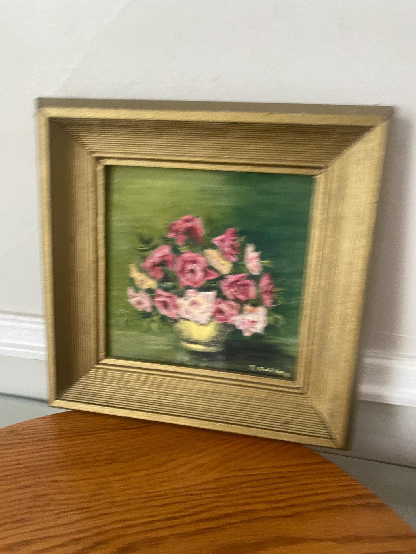 Small Vintage Pink Floral Painting in Square Gold Wood Frame