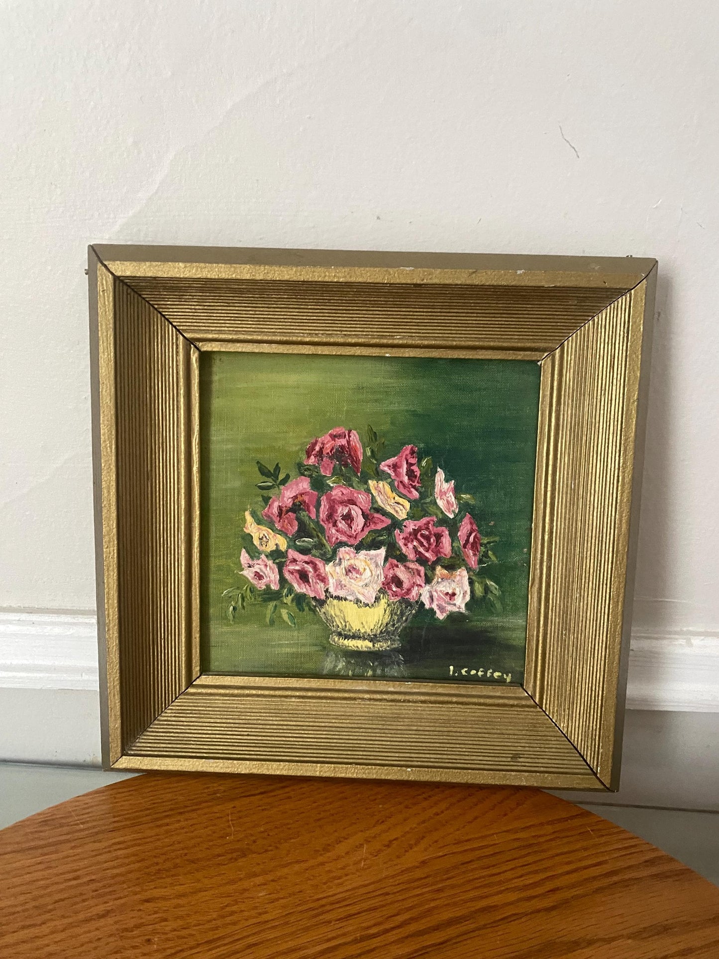 Small Vintage Pink Floral Painting in Square Gold Wood Frame