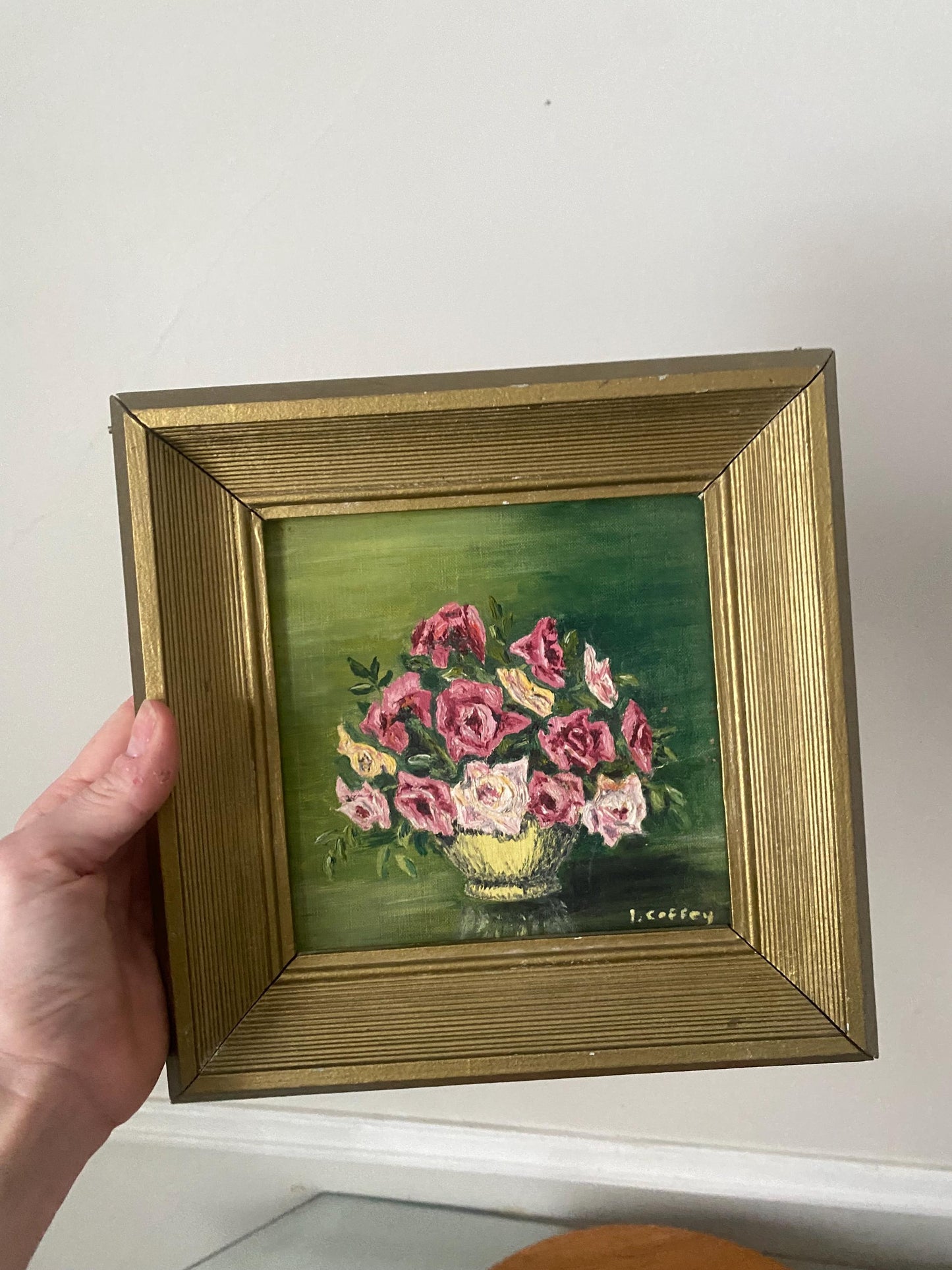 Small Vintage Pink Floral Painting in Square Gold Wood Frame