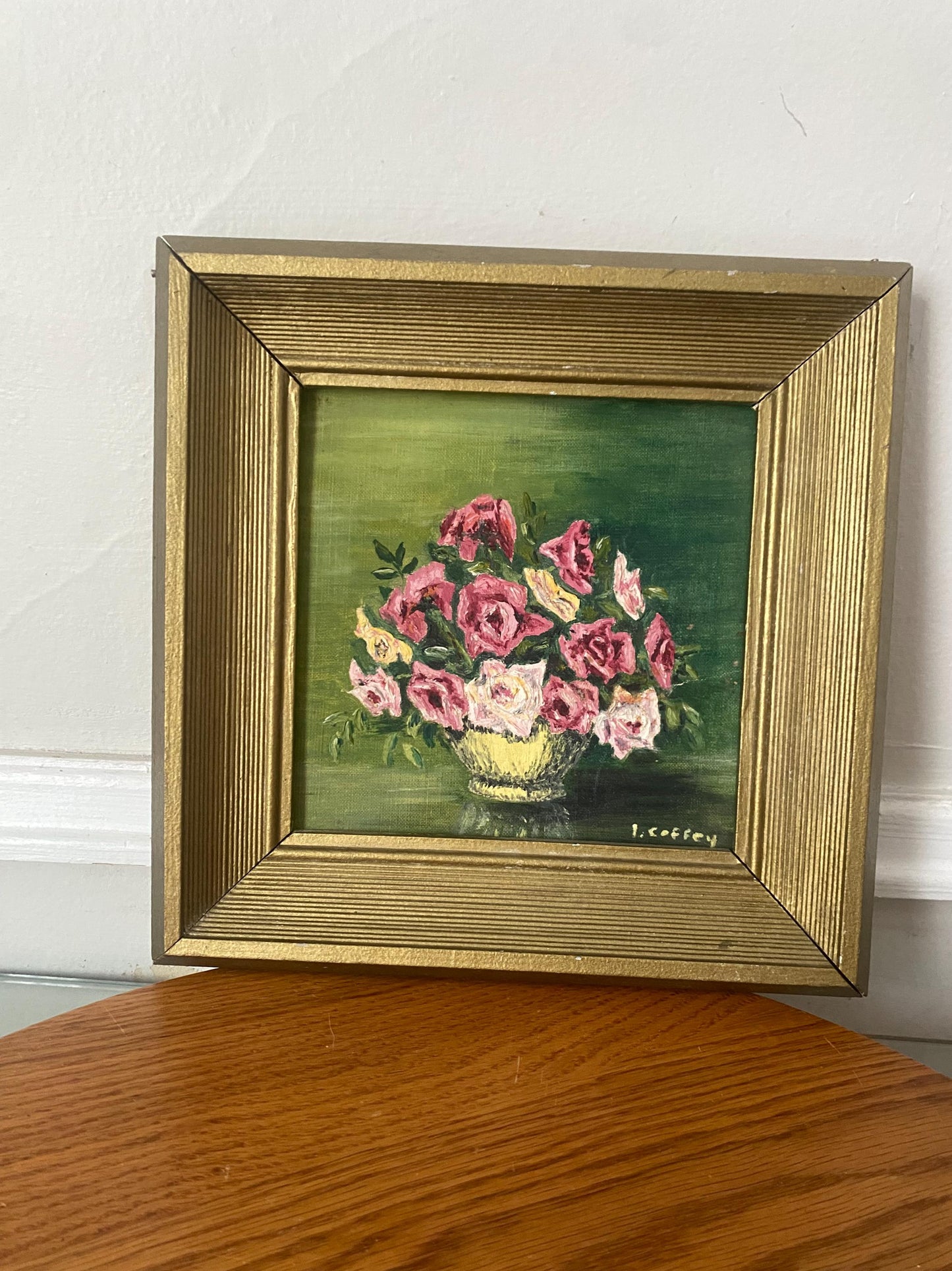 Small Vintage Pink Floral Painting in Square Gold Wood Frame
