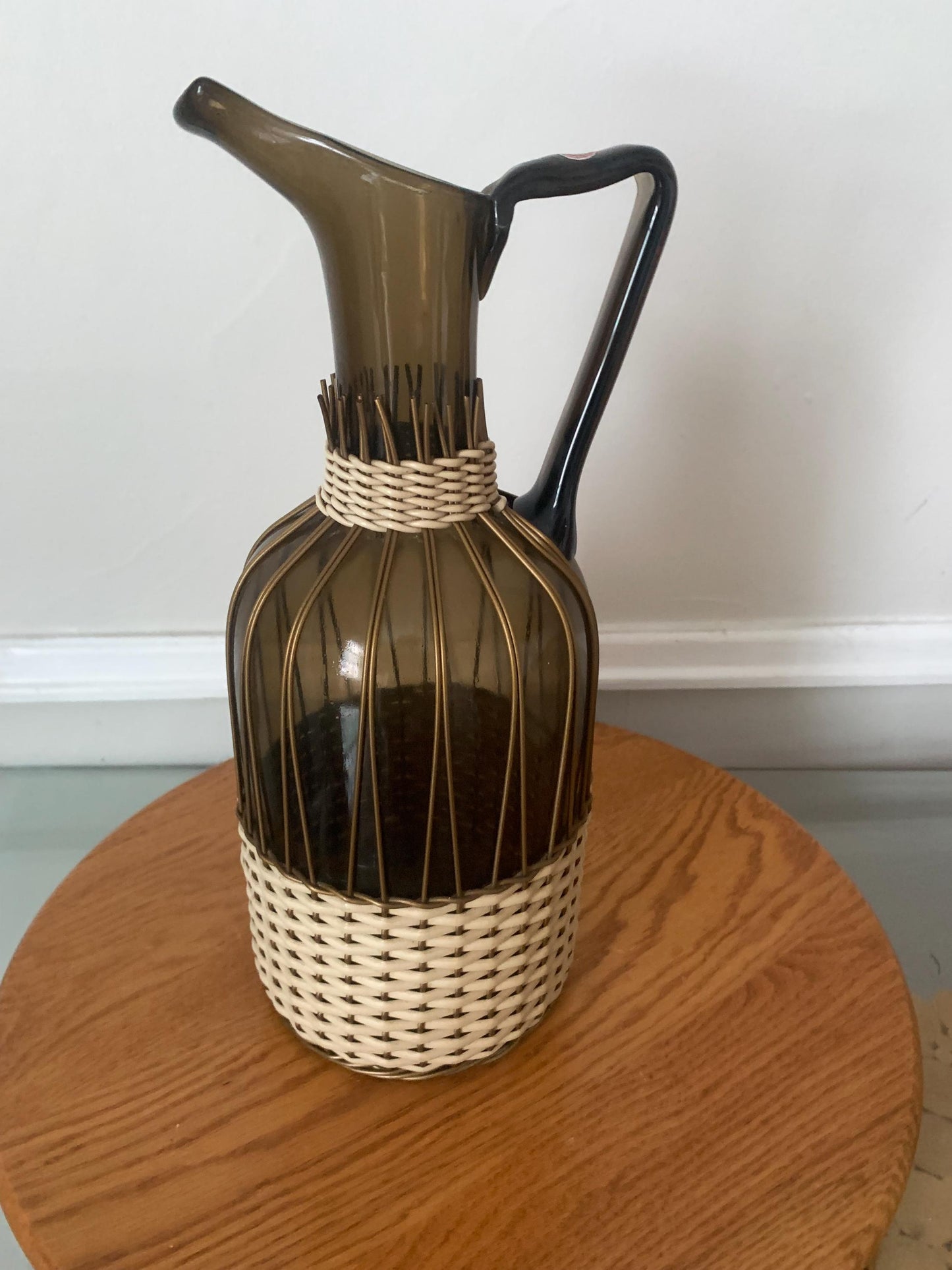 MCM Smokey Brown Glass Pitcher with Wrapped Detail Made in Italy
