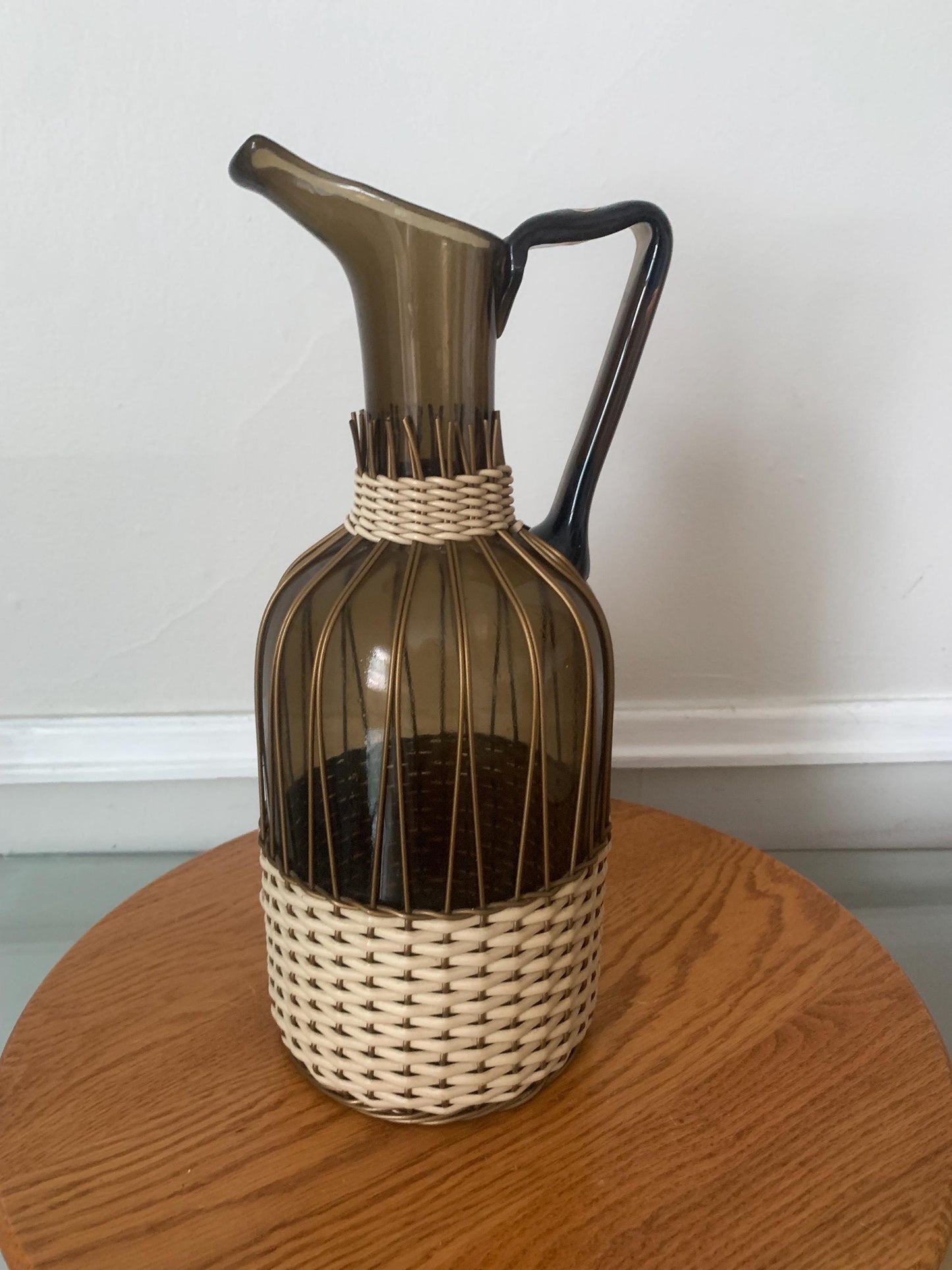 MCM Smokey Brown Glass Pitcher with Wrapped Detail Made in Italy