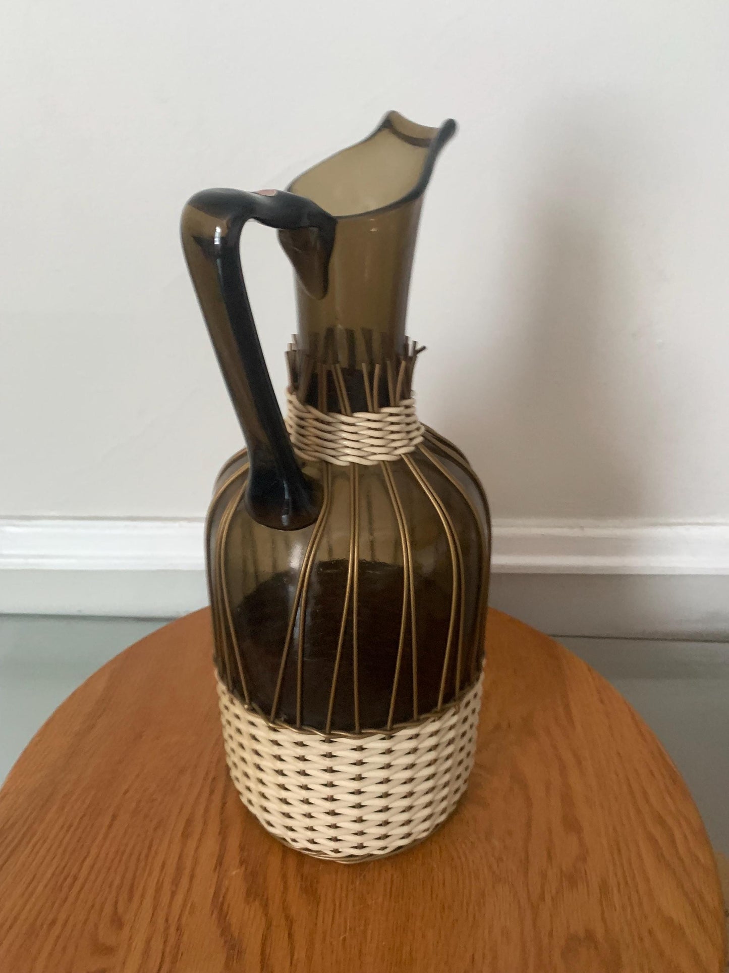 MCM Smokey Brown Glass Pitcher with Wrapped Detail Made in Italy