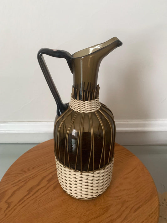 MCM Smokey Brown Glass Pitcher with Wrapped Detail Made in Italy