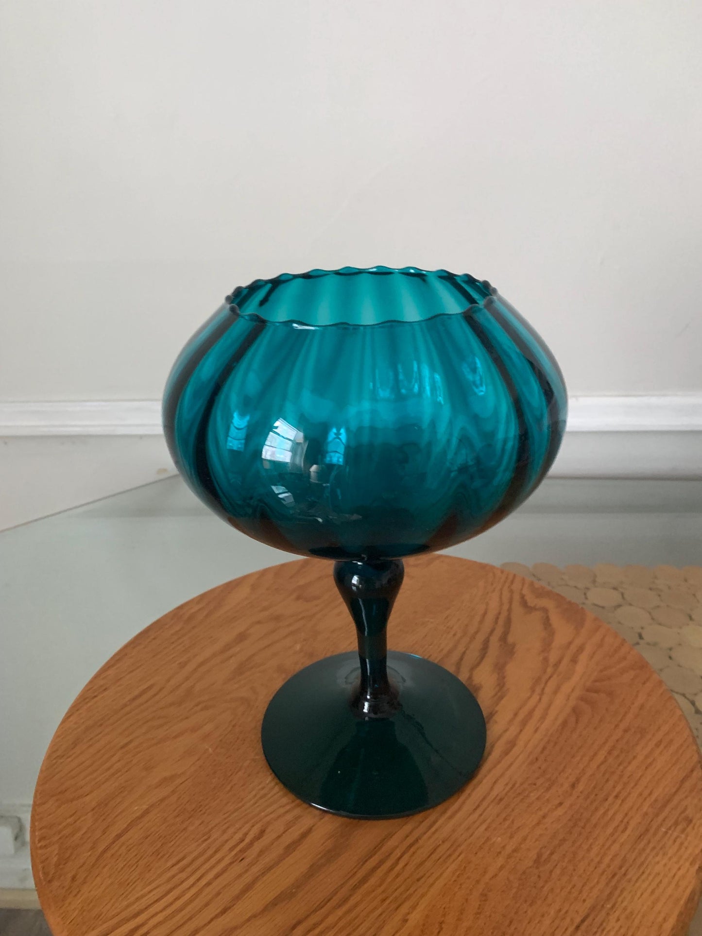 MCM Tall Aqua Blue Footed Glass Dish