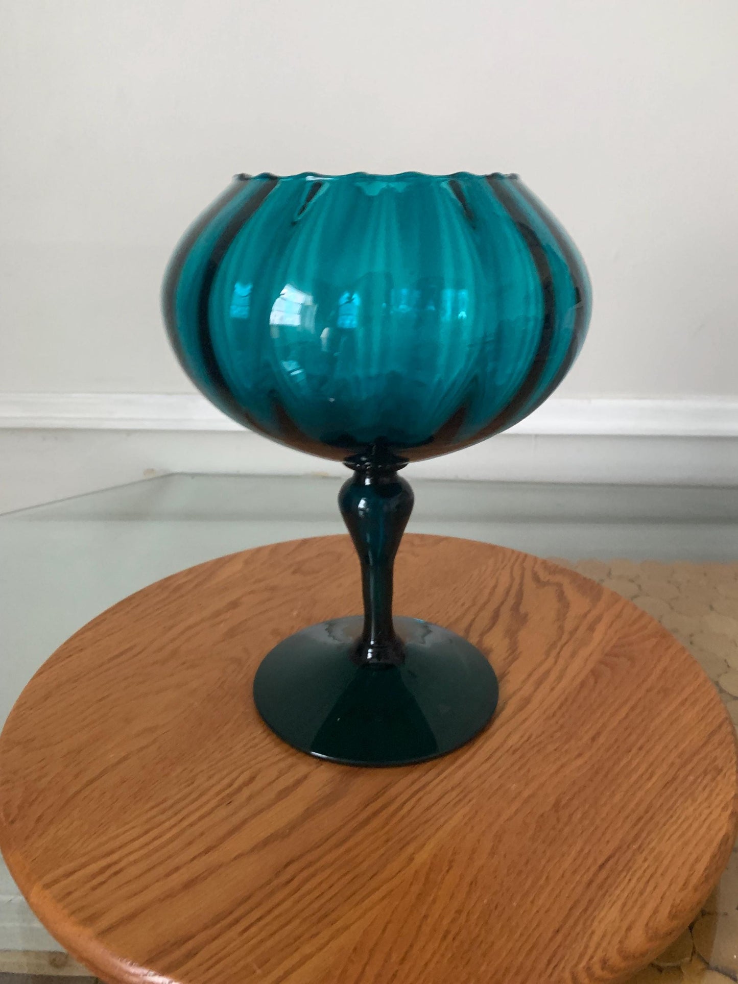 MCM Tall Aqua Blue Footed Glass Dish