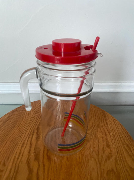 Retro Clear Glass Pitcher with Red Lid Made Rainbow Detail and Stir Stick