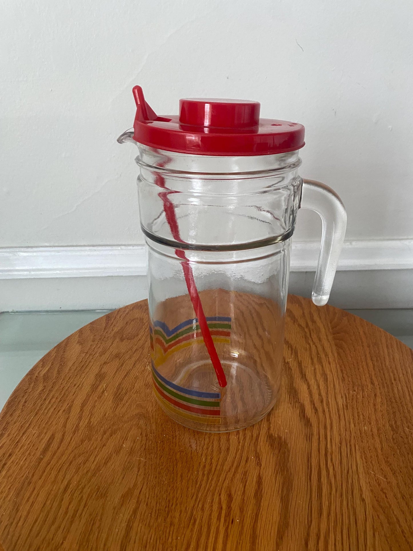 Retro Clear Glass Pitcher with Red Lid Made Rainbow Detail and Stir Stick