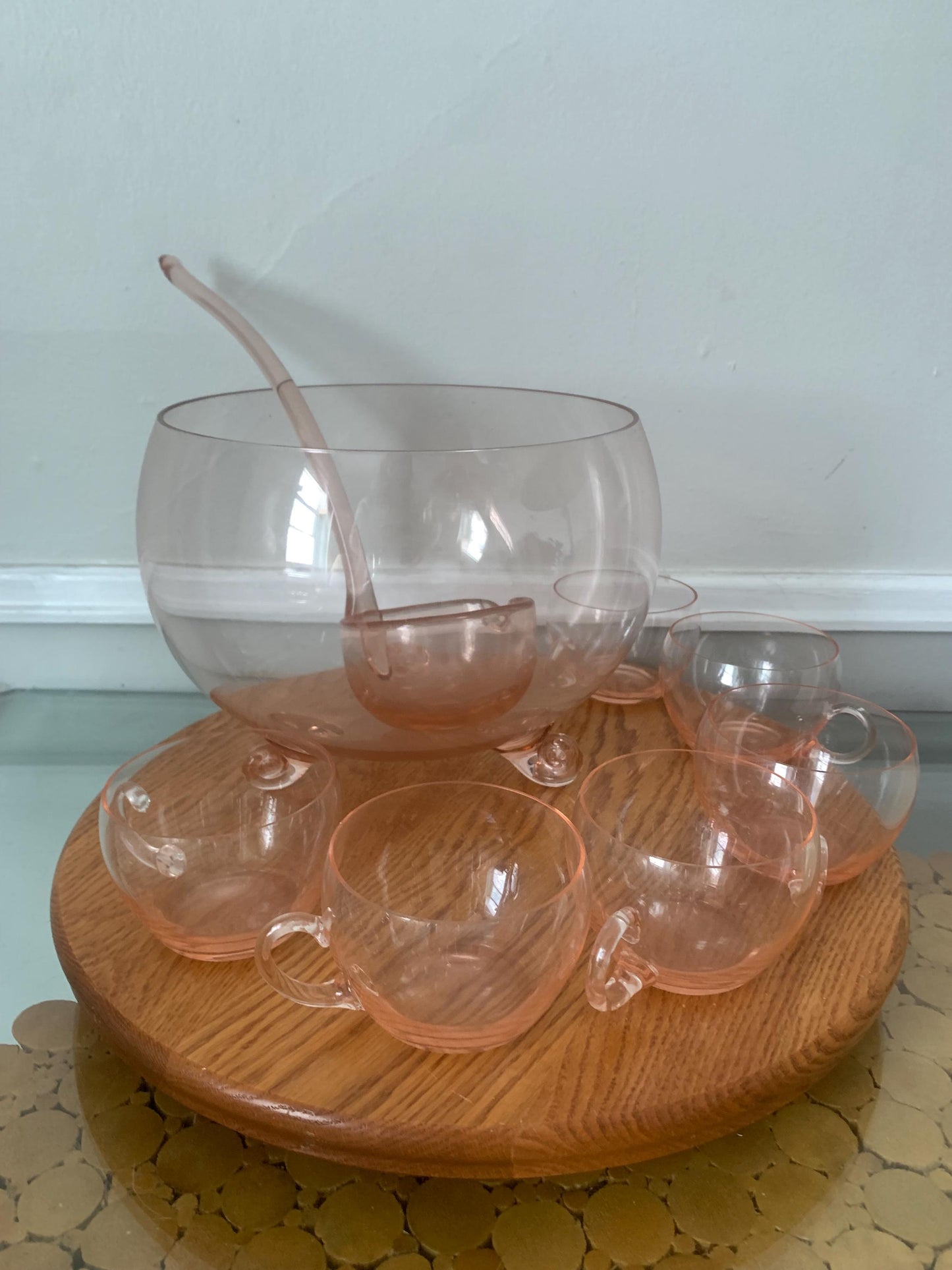 Vintage Hand-Blown Clear Pink Glass Punch Bowl and 6 Glass Set with Glass Ladle