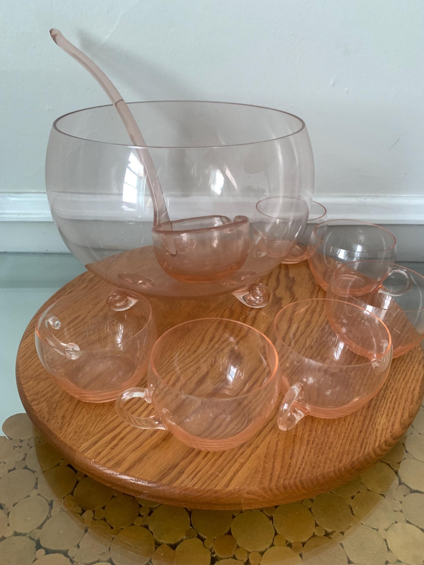Vintage Hand-Blown Clear Pink Glass Punch Bowl and 6 Glass Set with Glass Ladle