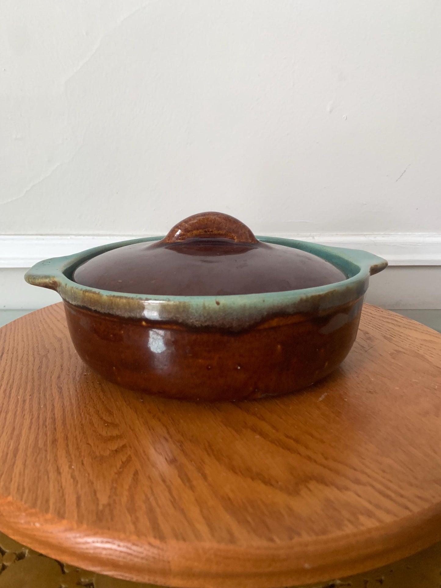 Vintage Brown Glazed Pottery Lidded Dish with Robins Egg Interior