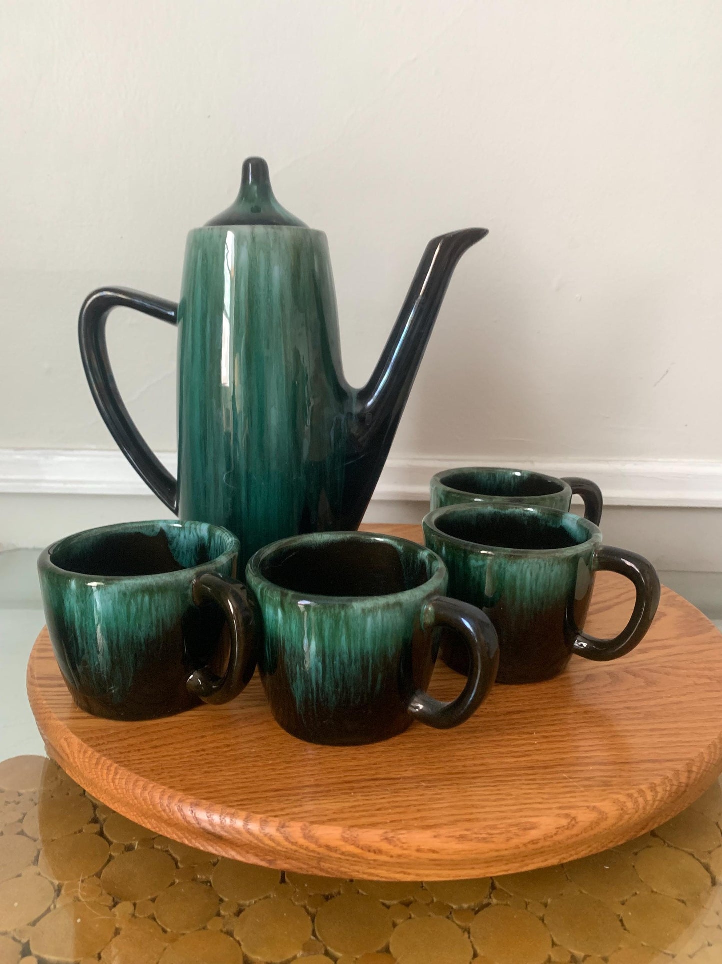 MCM Blue//Green Drip Glaze Coffee Pot with Matching Mugs
