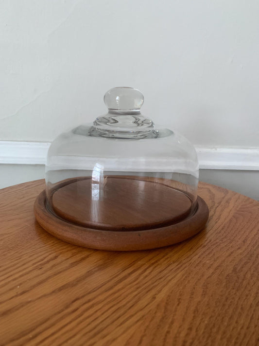 MCM Teak Serving Tray with Glass Dome