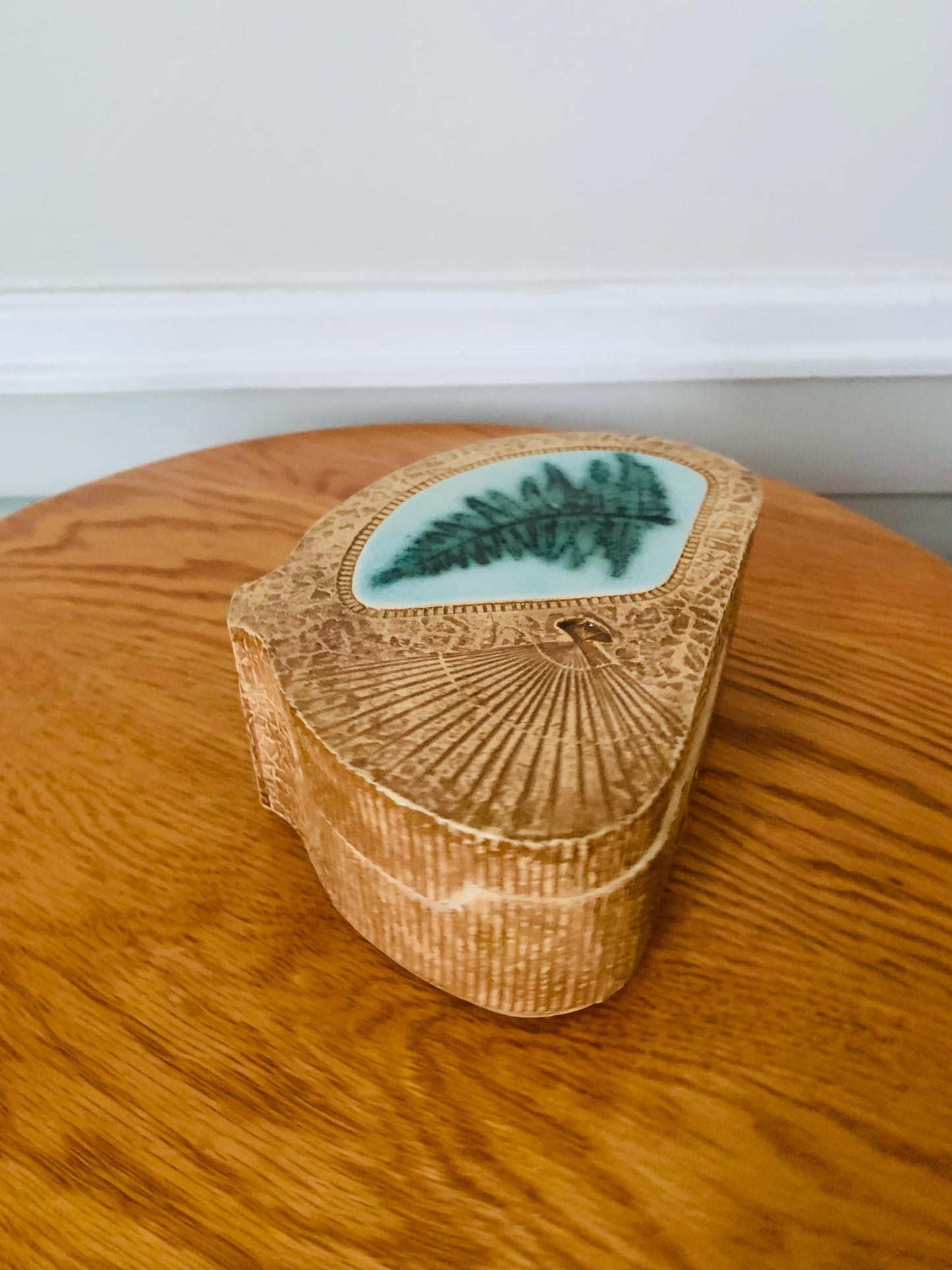 Handmade Neutral Lidded Pottery Dish with Ceramic Fern