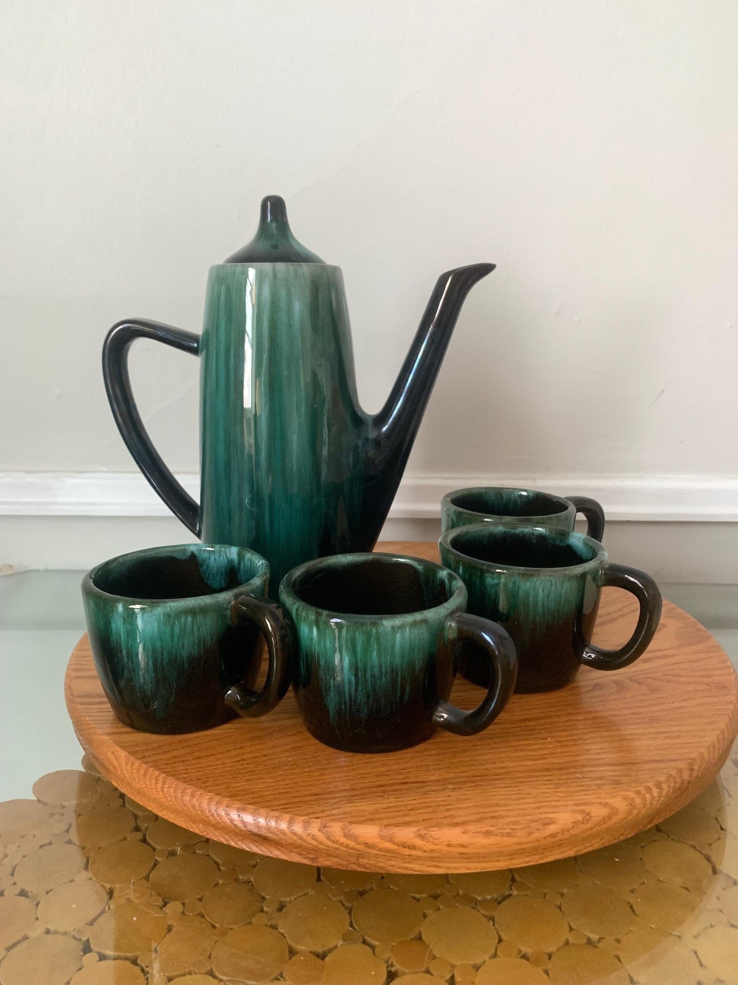 MCM Blue//Green Drip Glaze Coffee Pot with Matching Mugs