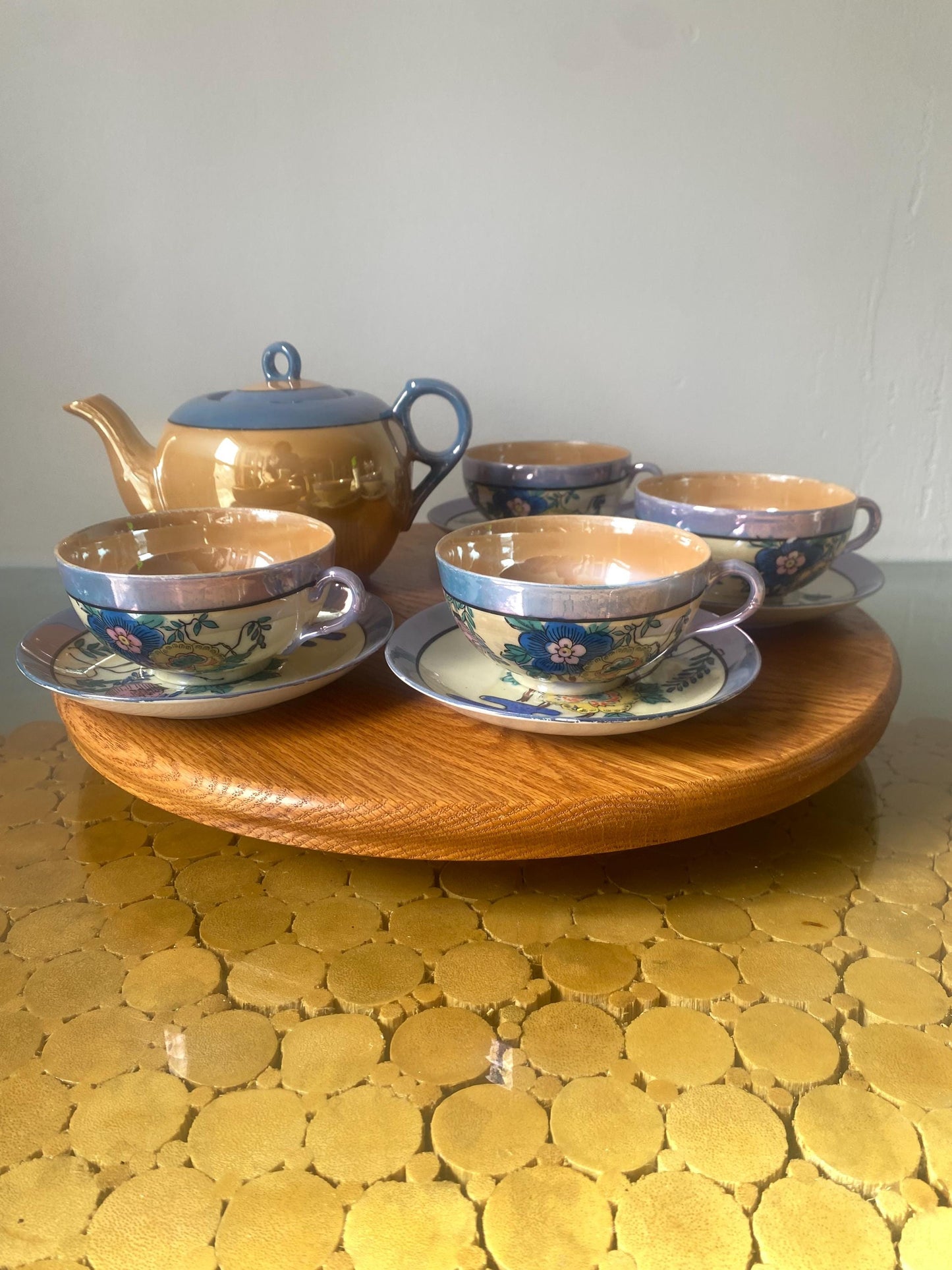 Set of 4 Vintage Hand Painted Lustreware Cups and Saucers with Matching Teapot Made in Japan