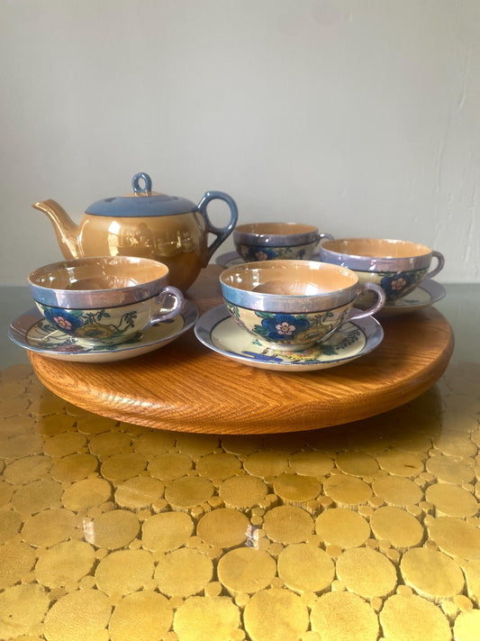 Set of 4 Vintage Hand Painted Lustreware Cups and Saucers with Matching Teapot Made in Japan