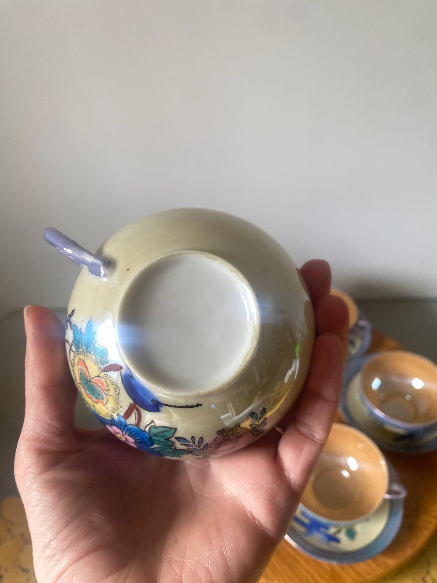 Set of 4 Vintage Hand Painted Lustreware Cups and Saucers with Matching Teapot Made in Japan