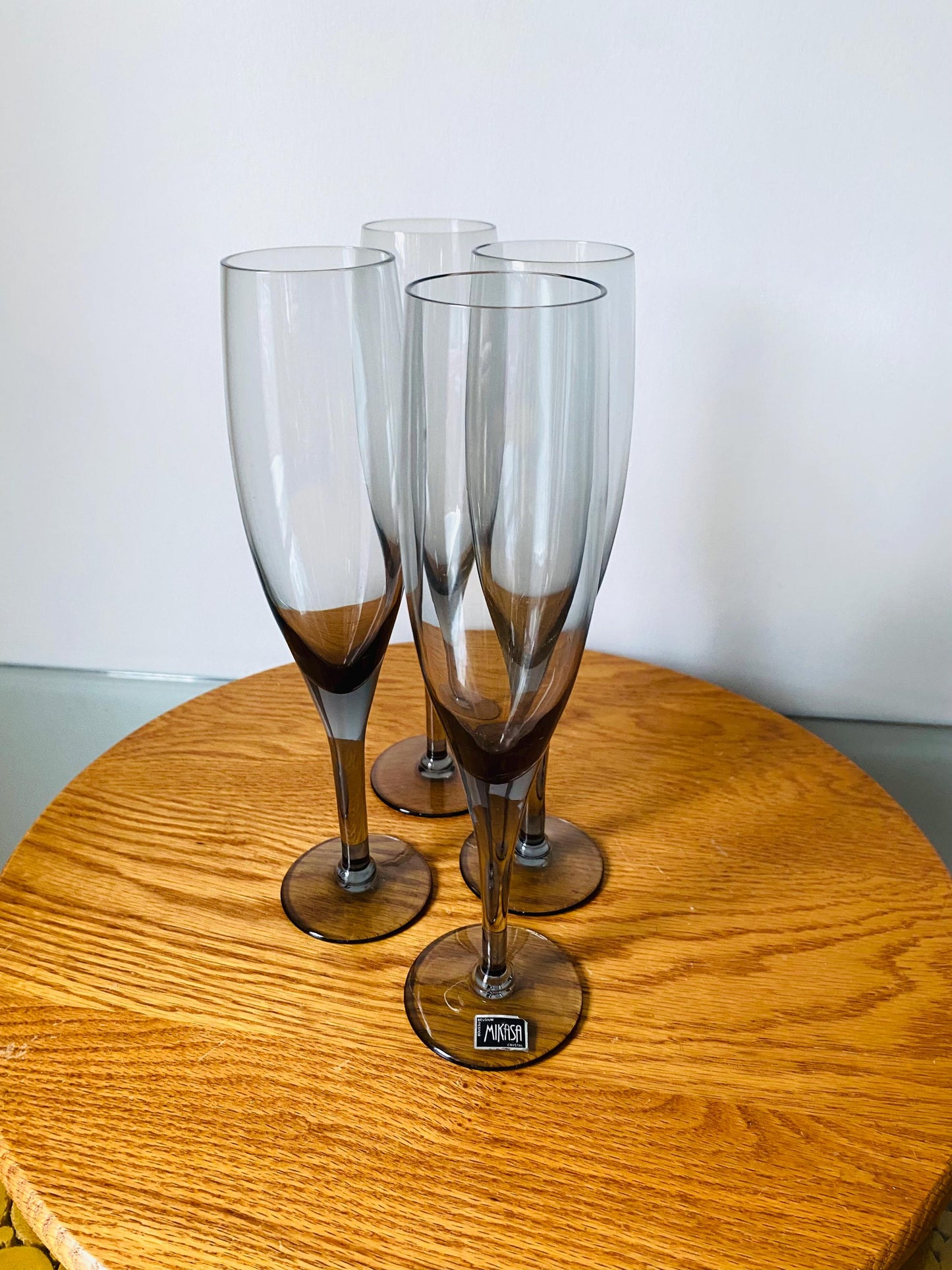 Set of 4 Vintage Tall  Mikasa Belgium Smokey Gray Glass Champagne Flutes