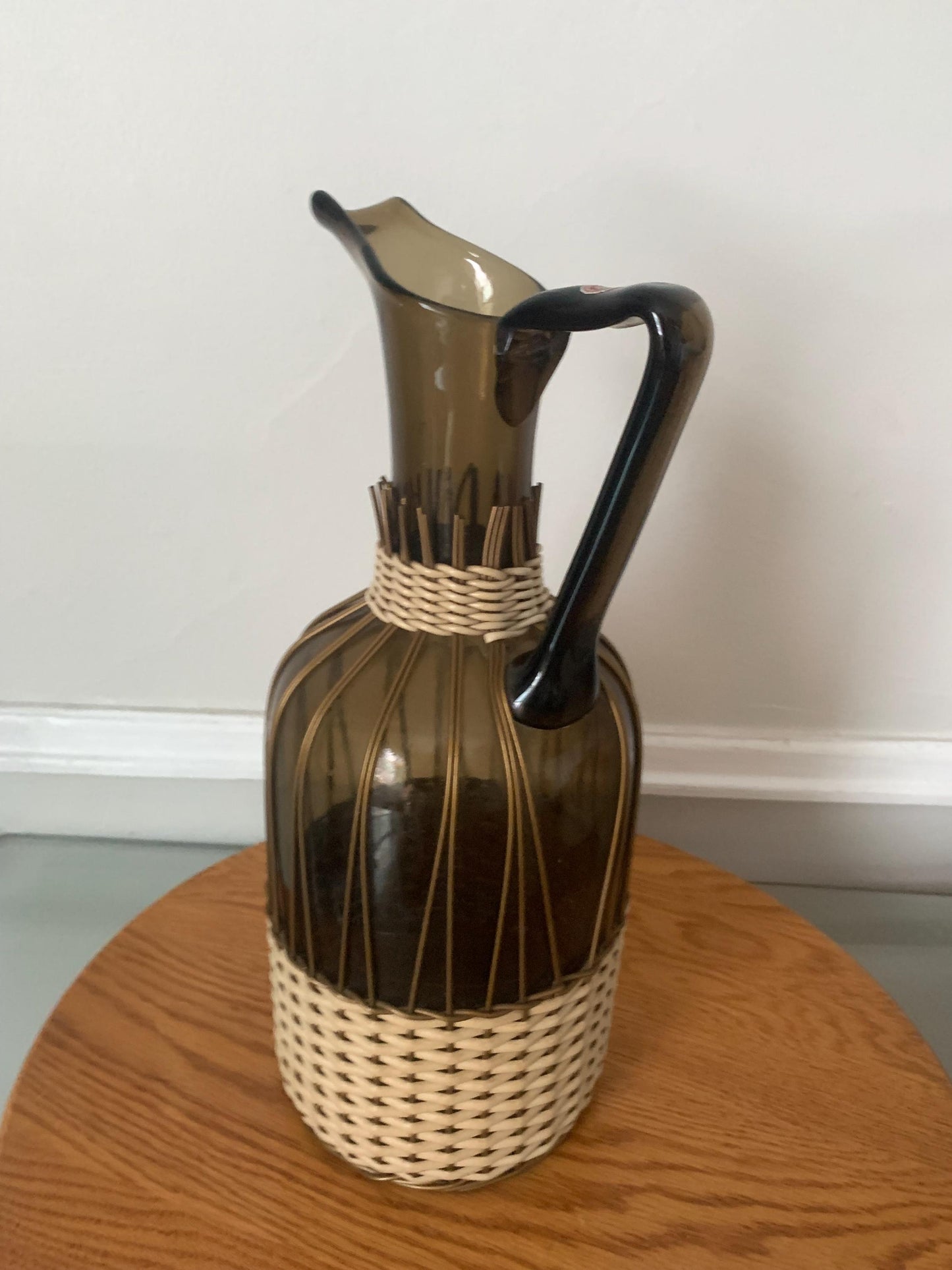 MCM Smokey Brown Glass Pitcher with Wrapped Detail Made in Italy