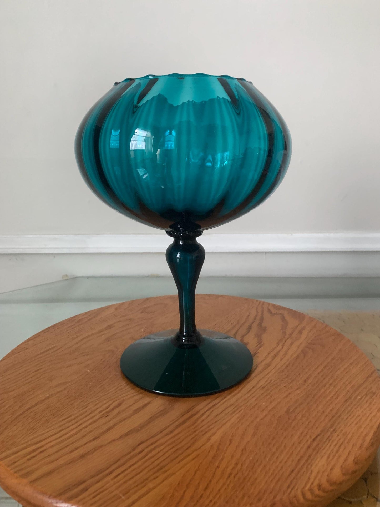 MCM Tall Aqua Blue Footed Glass Dish