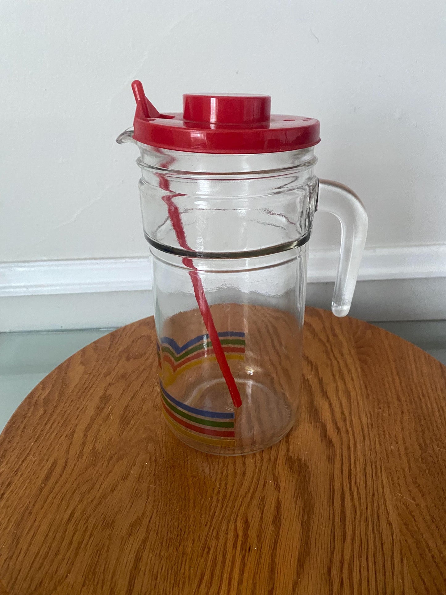 Retro Clear Glass Pitcher with Red Lid Made Rainbow Detail and Stir Stick