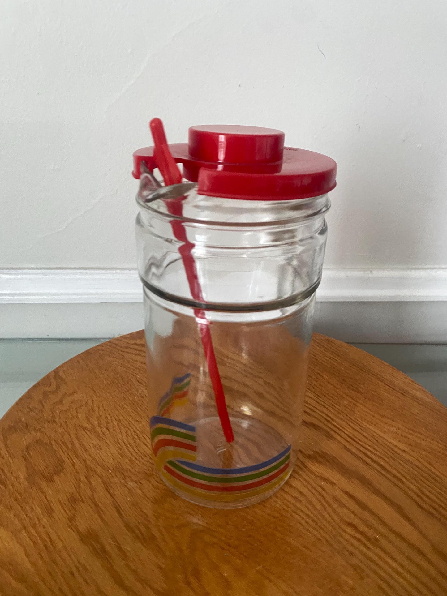 Retro Clear Glass Pitcher with Red Lid Made Rainbow Detail and Stir Stick