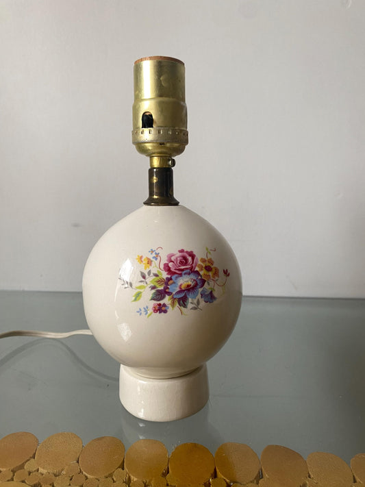 Small Vintage White Ceramic Lamp with Flowers No Shade