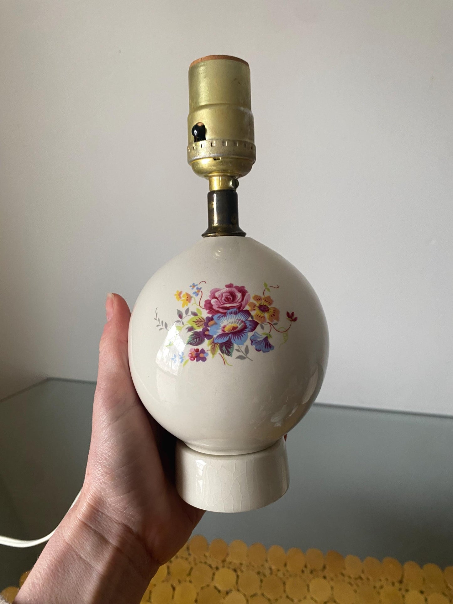 Small Vintage White Ceramic Lamp with Flowers No Shade