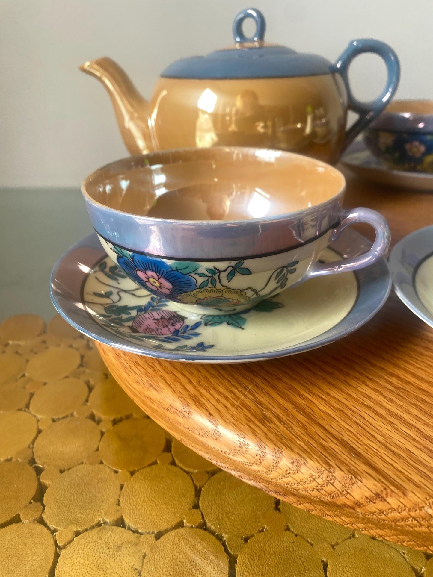 Set of 4 Vintage Hand Painted Lustreware Cups and Saucers with Matching Teapot Made in Japan