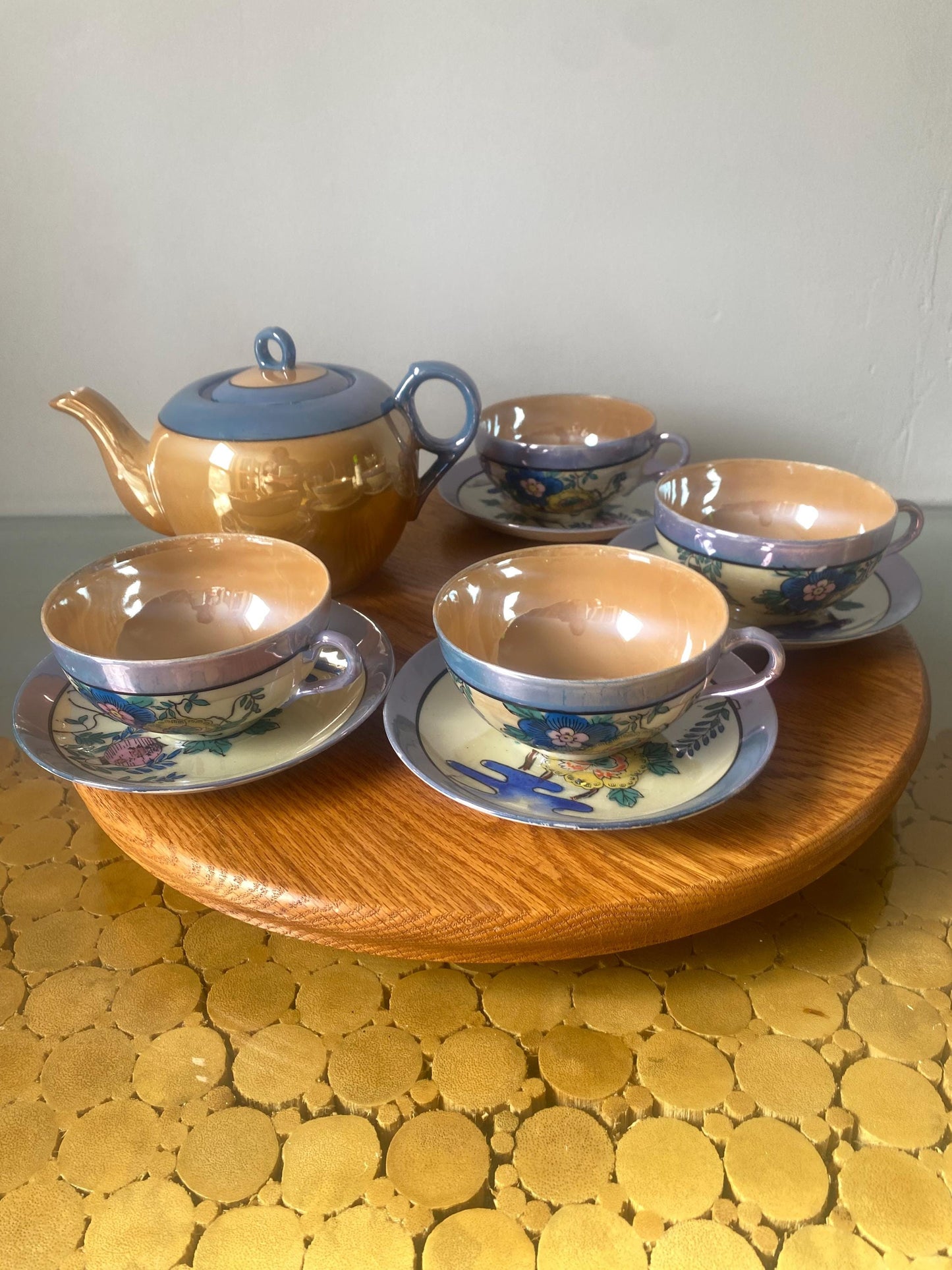 Set of 4 Vintage Hand Painted Lustreware Cups and Saucers with Matching Teapot Made in Japan