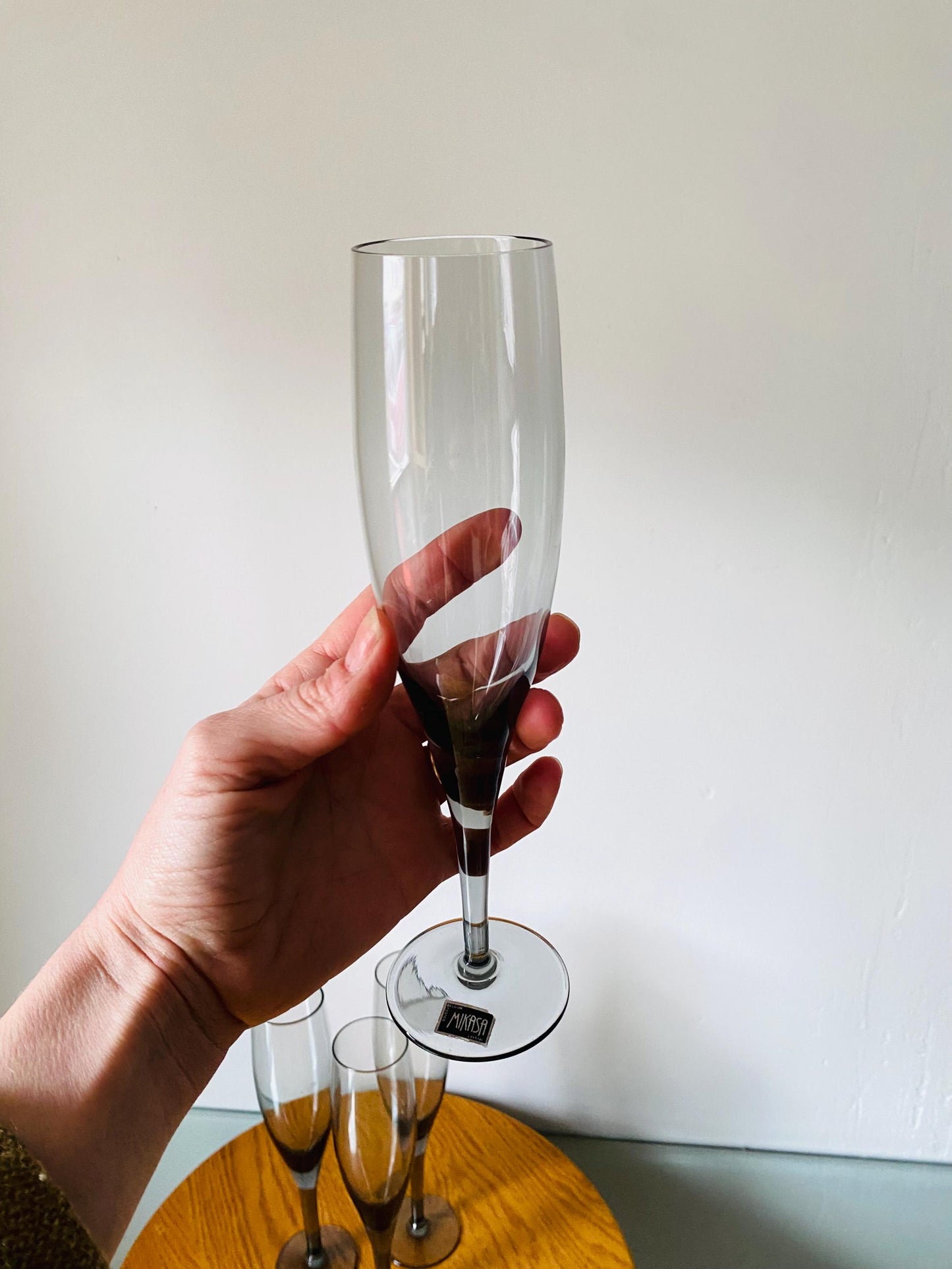 Set of 4 Vintage Tall  Mikasa Belgium Smokey Gray Glass Champagne Flutes