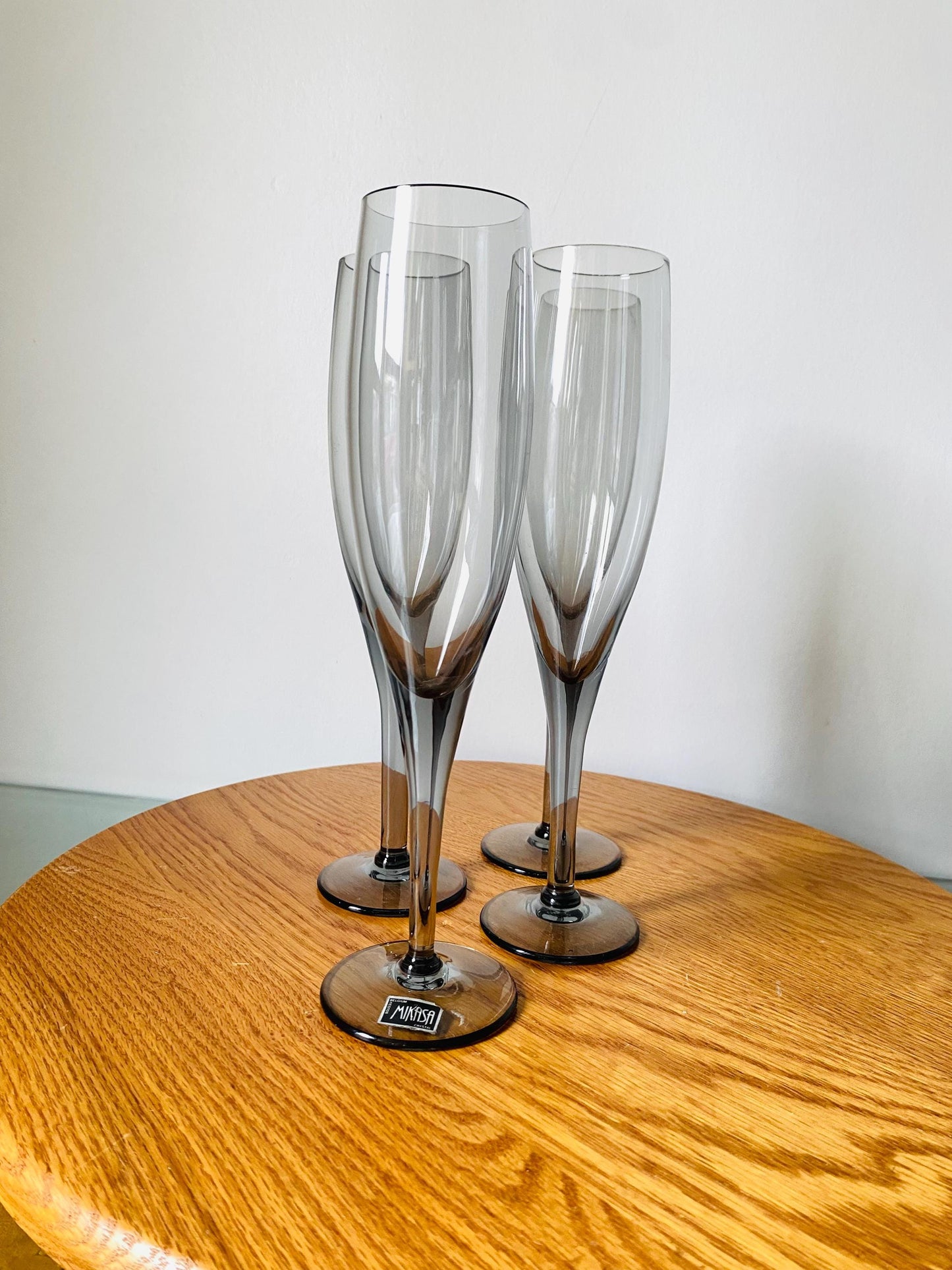 Set of 4 Vintage Tall  Mikasa Belgium Smokey Gray Glass Champagne Flutes