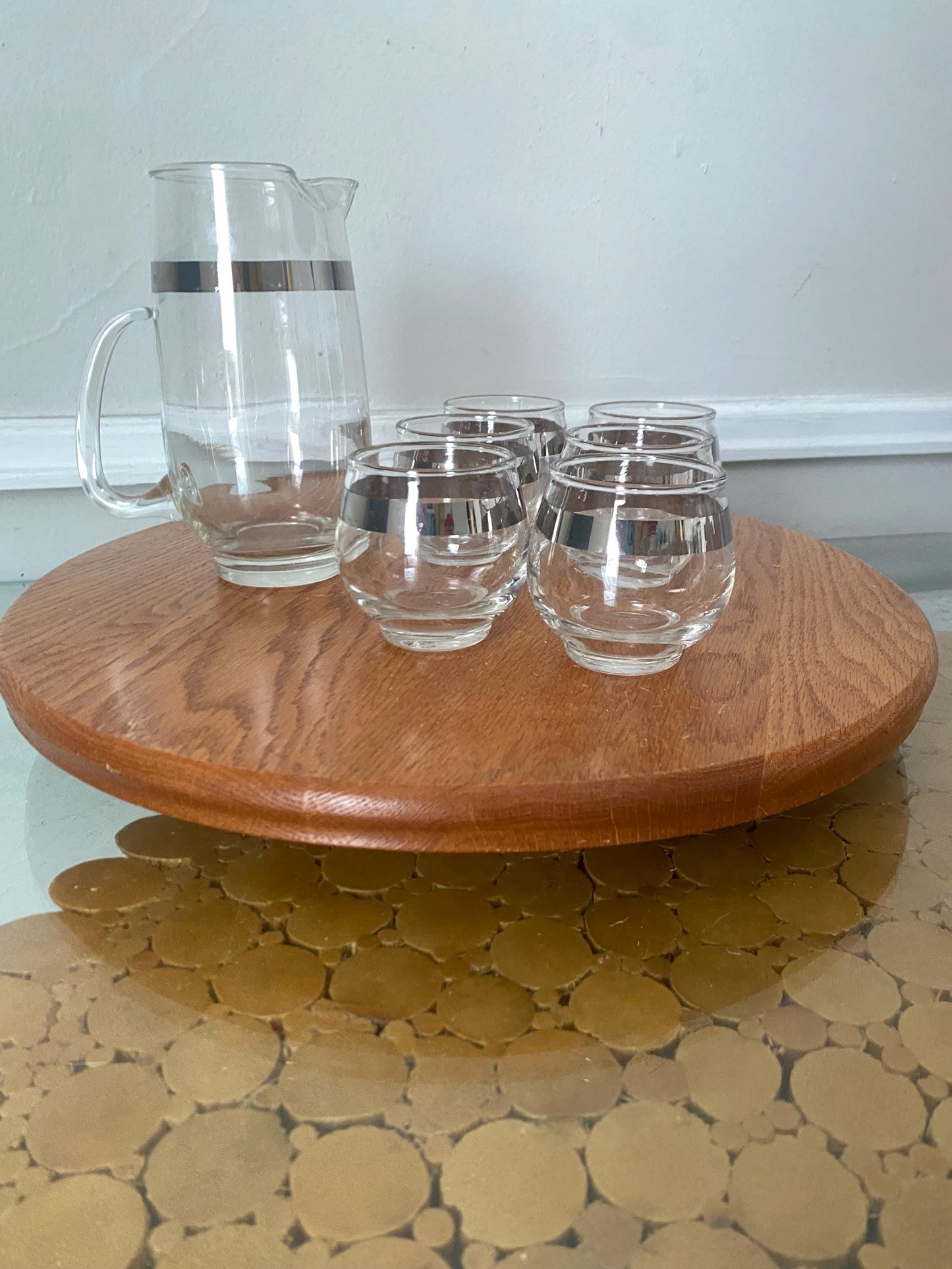 Vintage Set of 7 Teeny Roly Poly Glasses with Silver Stripe and Matching Pitcher
