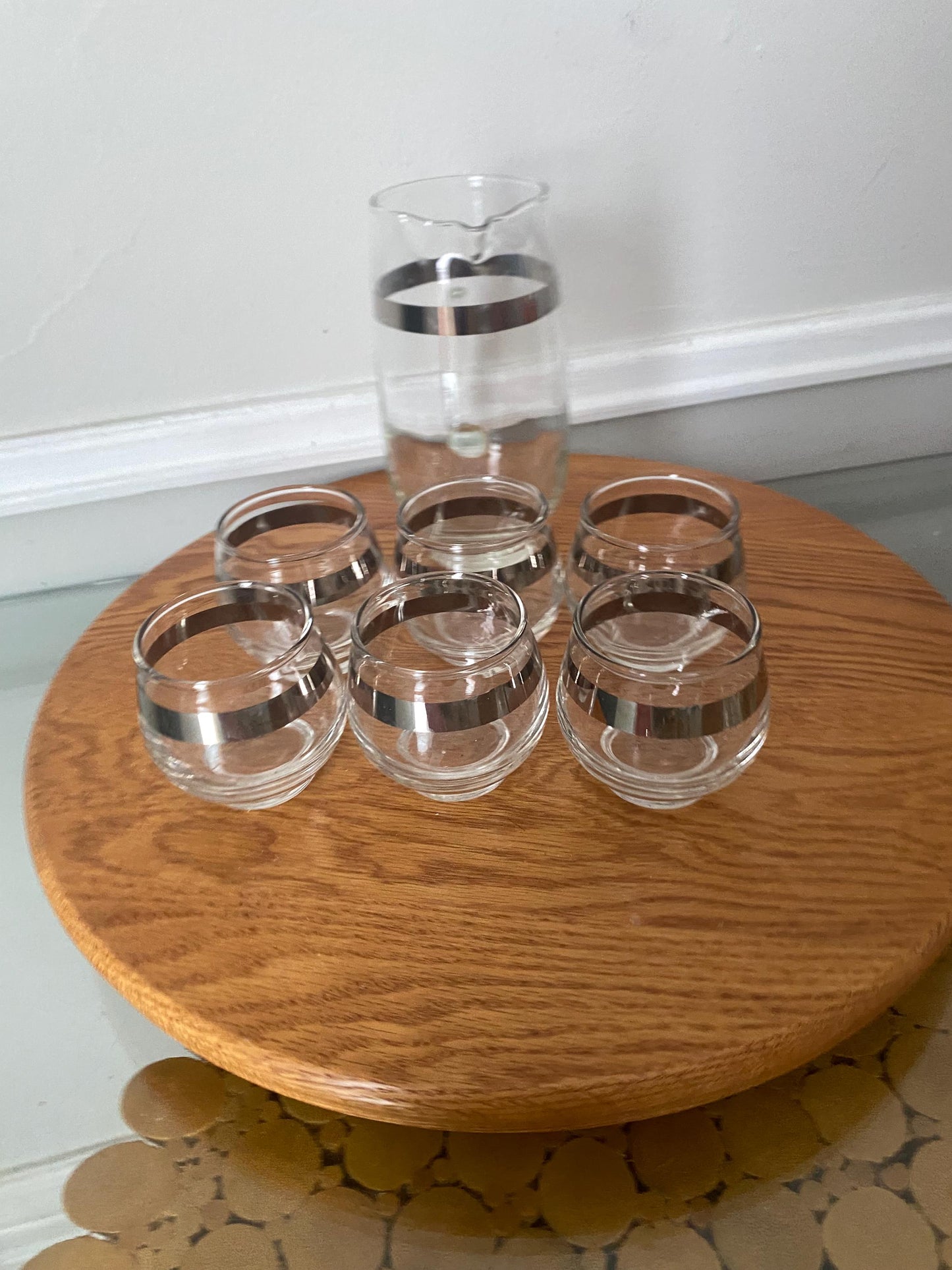 Vintage Set of 7 Teeny Roly Poly Glasses with Silver Stripe and Matching Pitcher