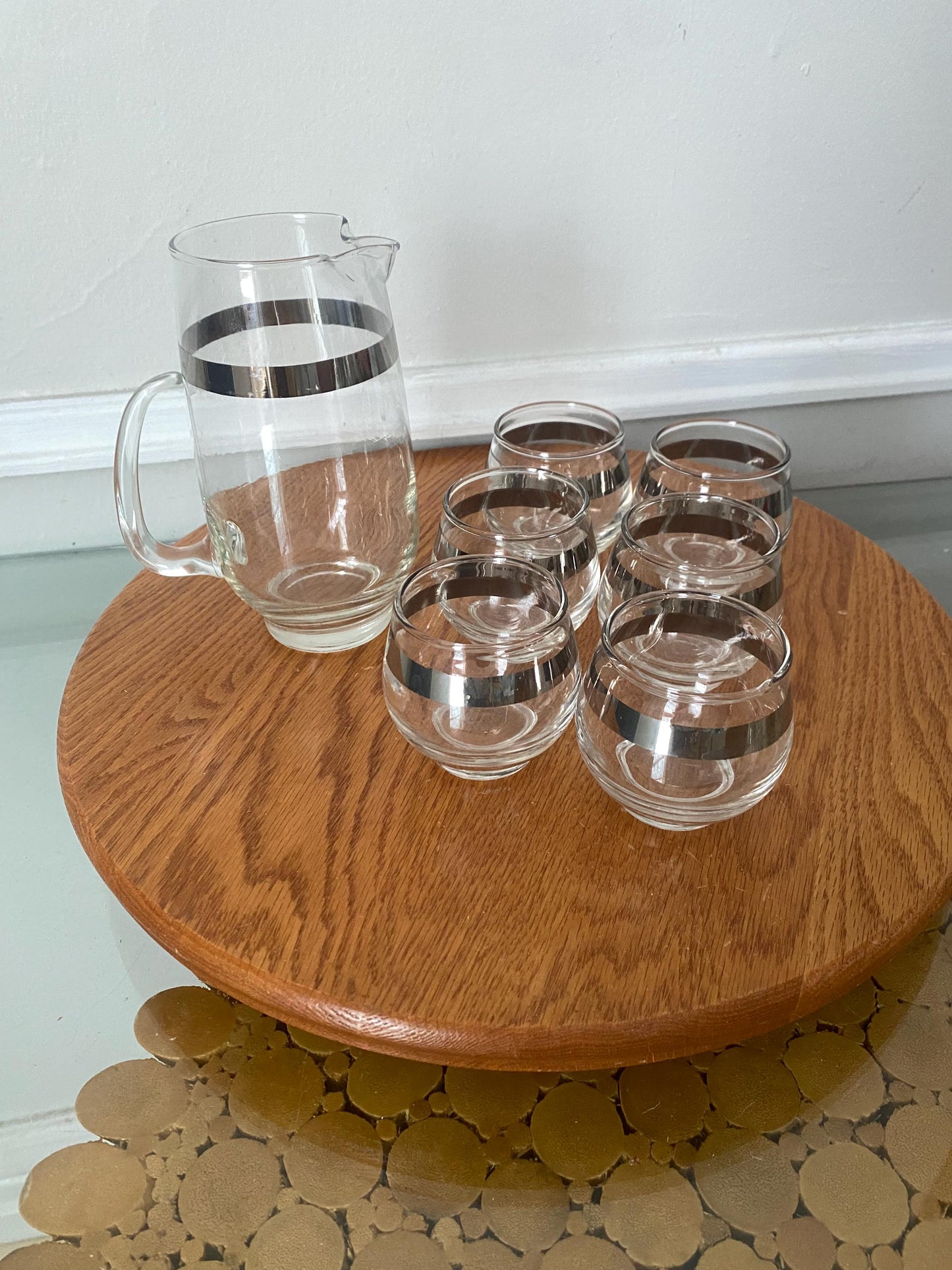 Vintage Set of 7 Teeny Roly Poly Glasses with Silver Stripe and Matching Pitcher