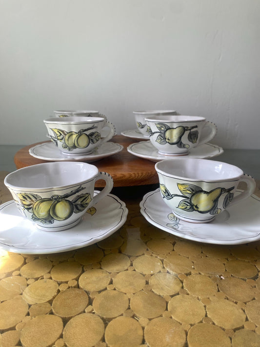 Vintage  Set of 6 Hand Painted Ceramic Cups with Pears and Plums and Saucers Made in Italy