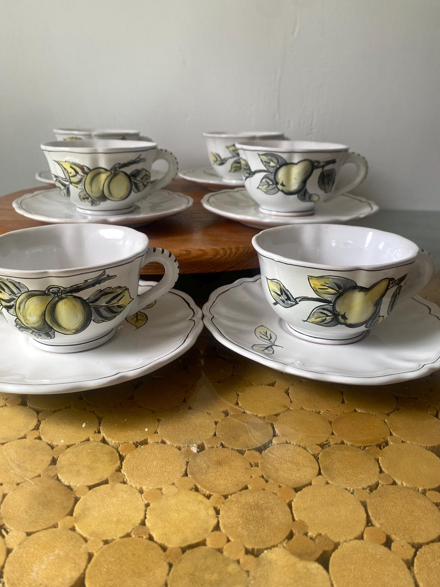Vintage  Set of 6 Hand Painted Ceramic Cups with Pears and Plums and Saucers Made in Italy