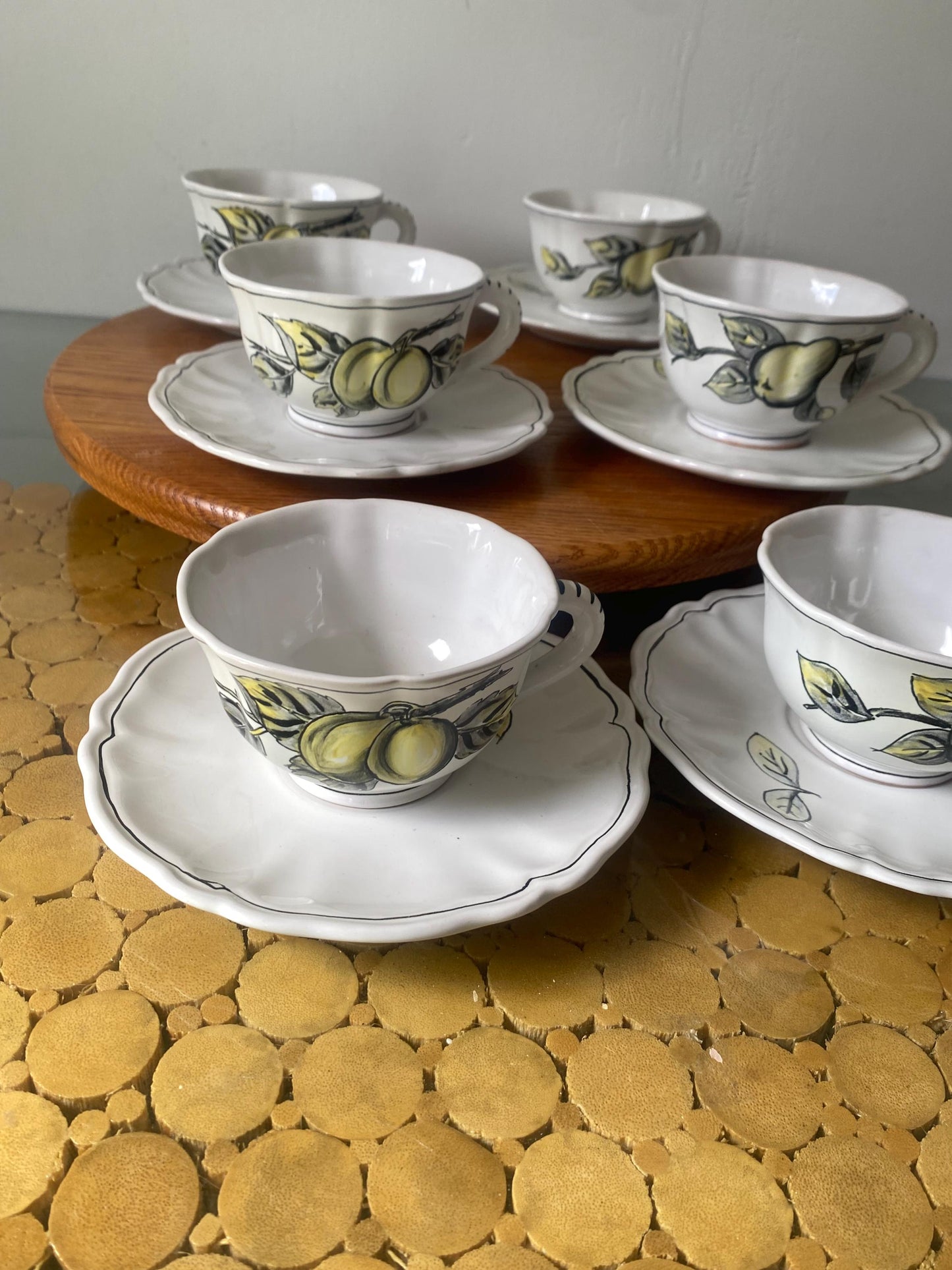 Vintage  Set of 6 Hand Painted Ceramic Cups with Pears and Plums and Saucers Made in Italy