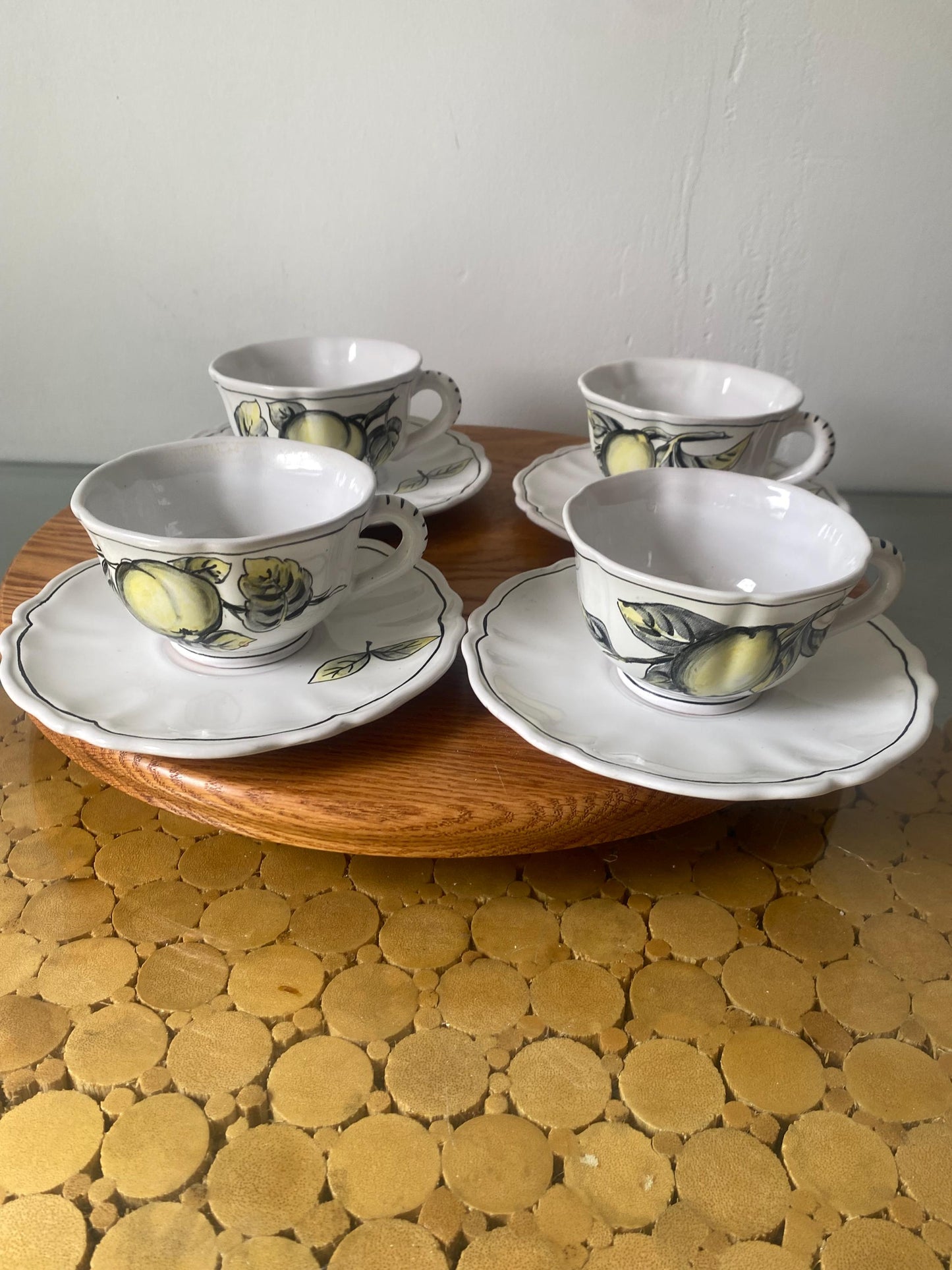 Vintage  Set of 4 Hand Painted Ceramic Cups with Apples and Lemons and Saucers Made in Italy