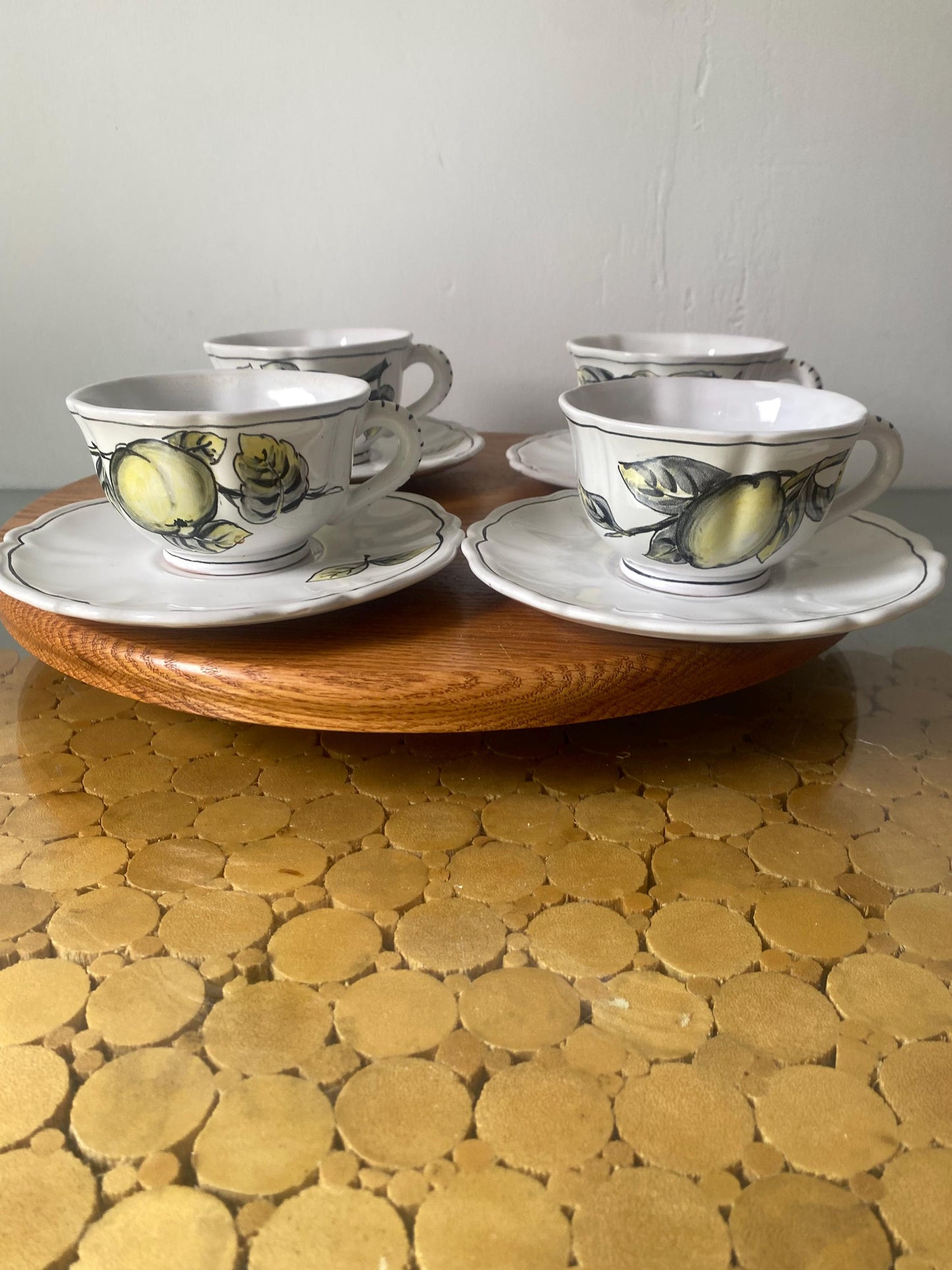 Vintage  Set of 4 Hand Painted Ceramic Cups with Apples and Lemons and Saucers Made in Italy