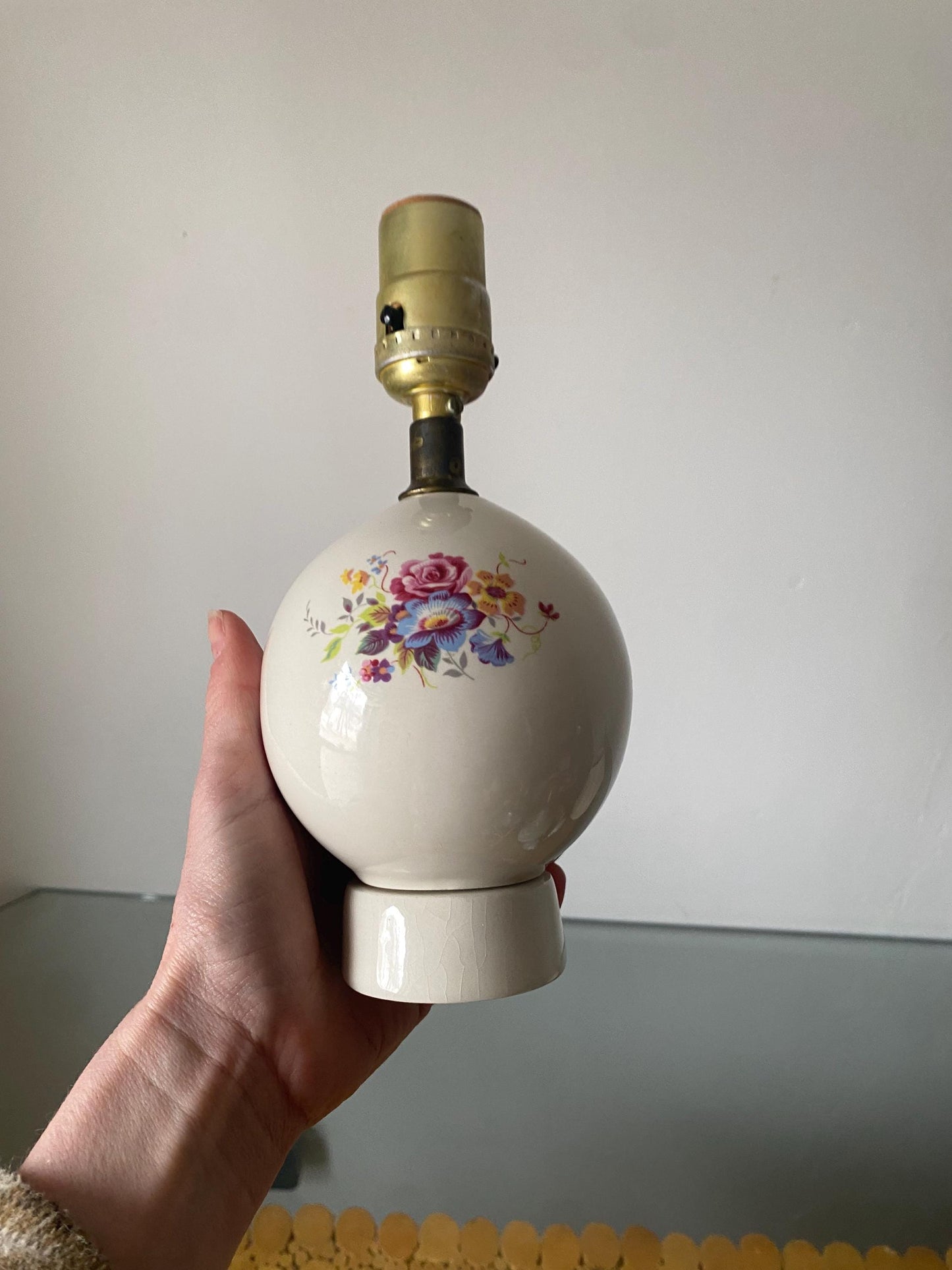Small Vintage White Ceramic Lamp with Flowers No Shade