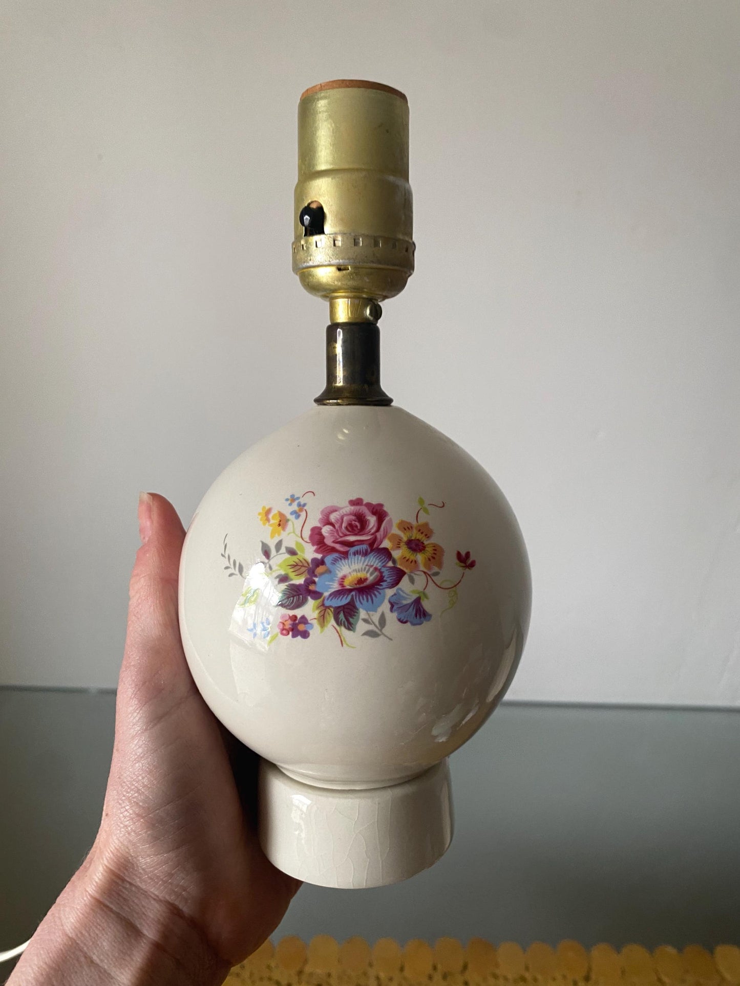 Small Vintage White Ceramic Lamp with Flowers No Shade