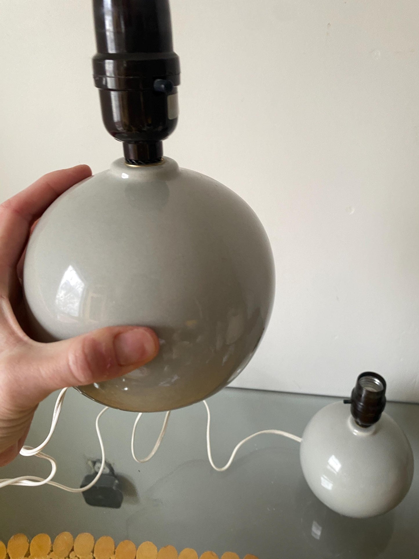 Pair of Retro Small Gray Ceramic Gum Ball Lamp No Shade