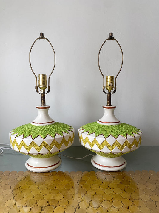Pair of Medium Colourful Lime Green and White Chalkware Table Lamps No Shades