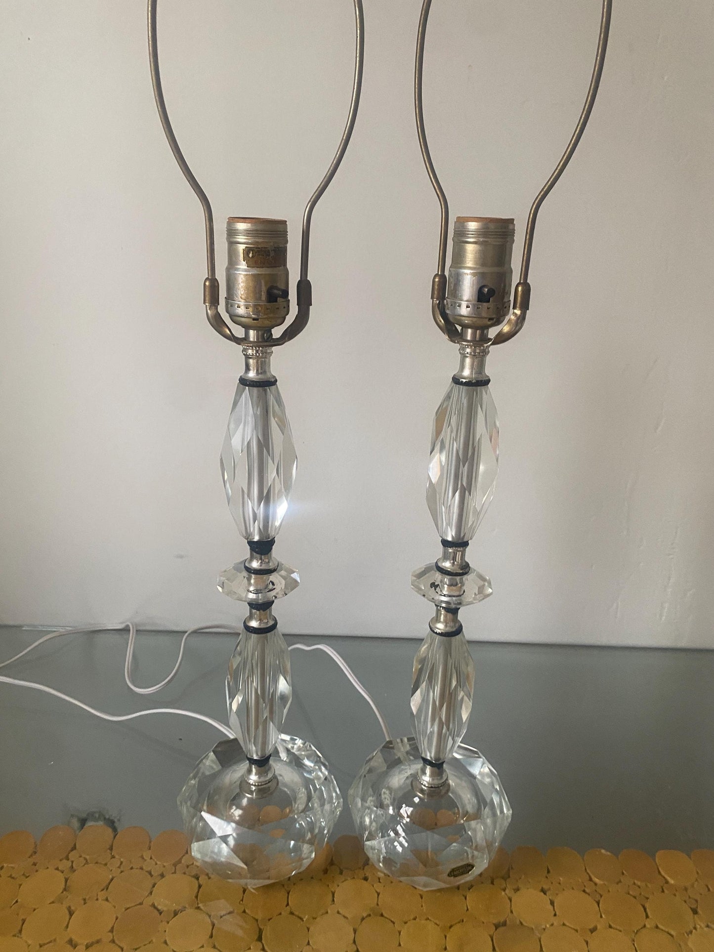 Pair of Vintage Medium Crystal Accent Table Lamps No Shades