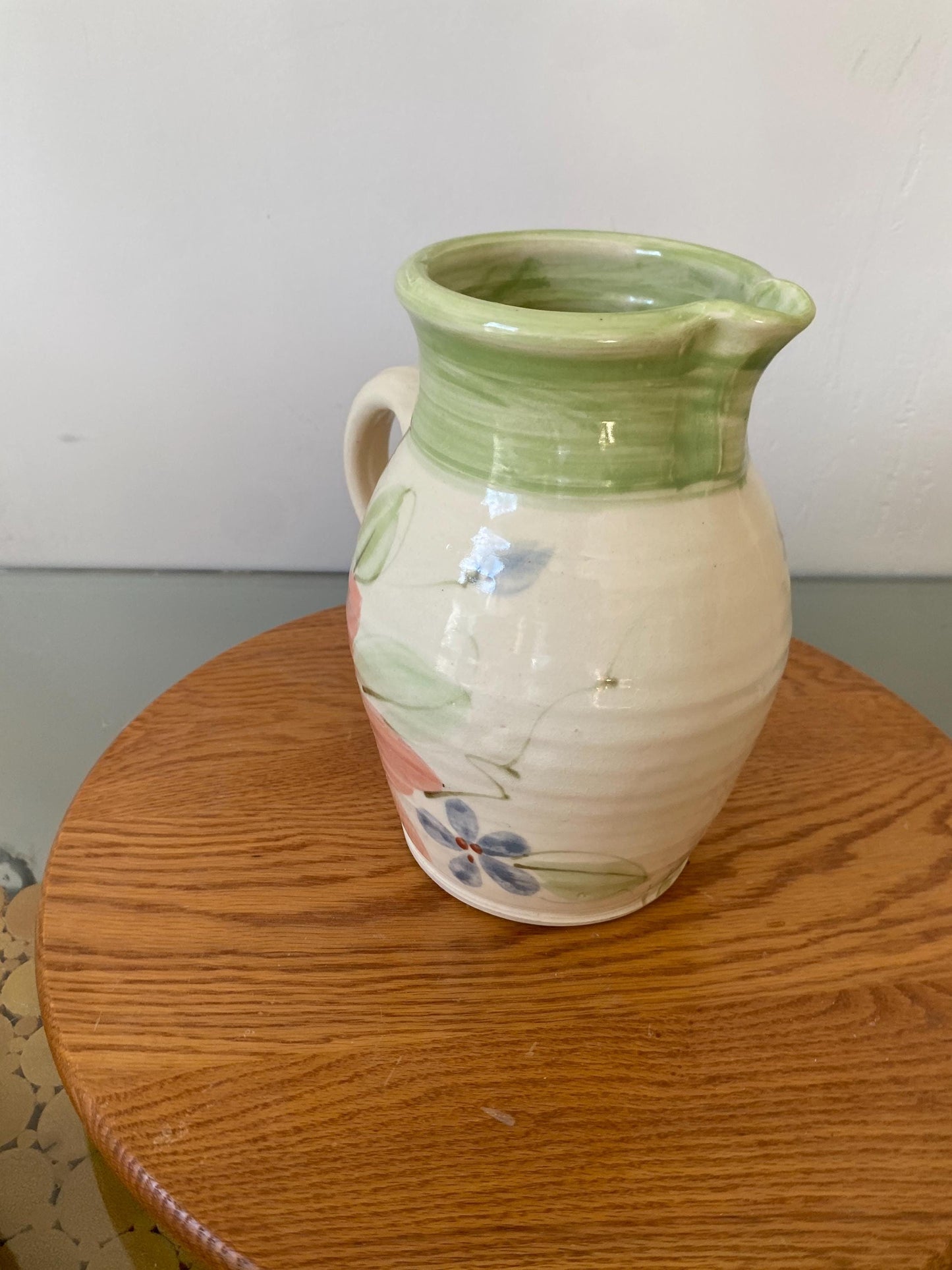 Handmade Pink Flower Ceramic Pitcher with Green Top