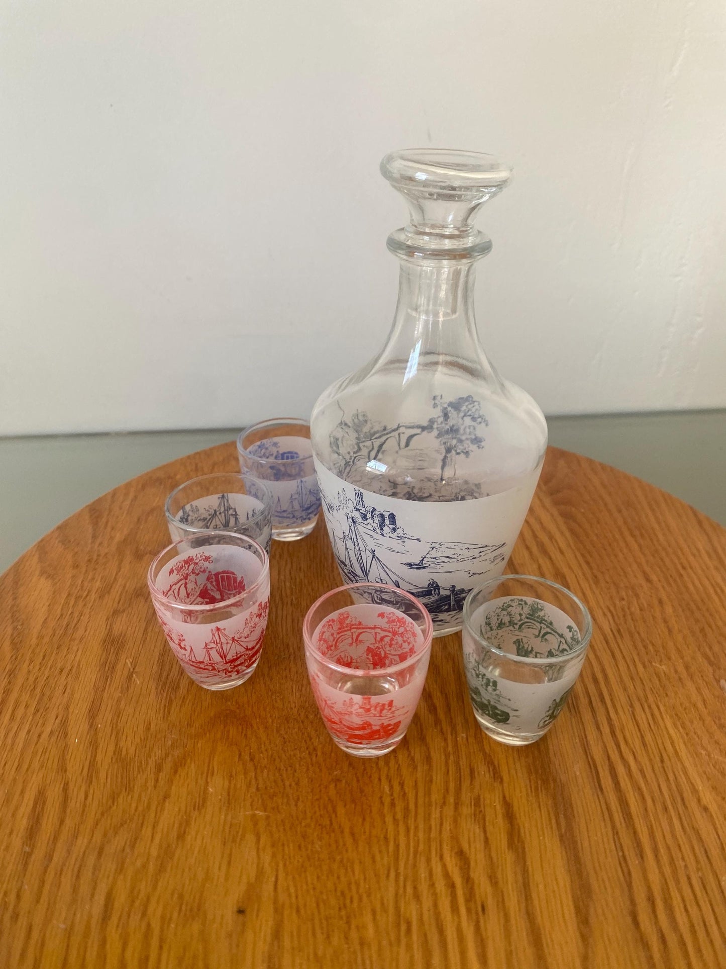 Vintage Glass Decanter with Ship Motif and 6 Small Colourful Glasses